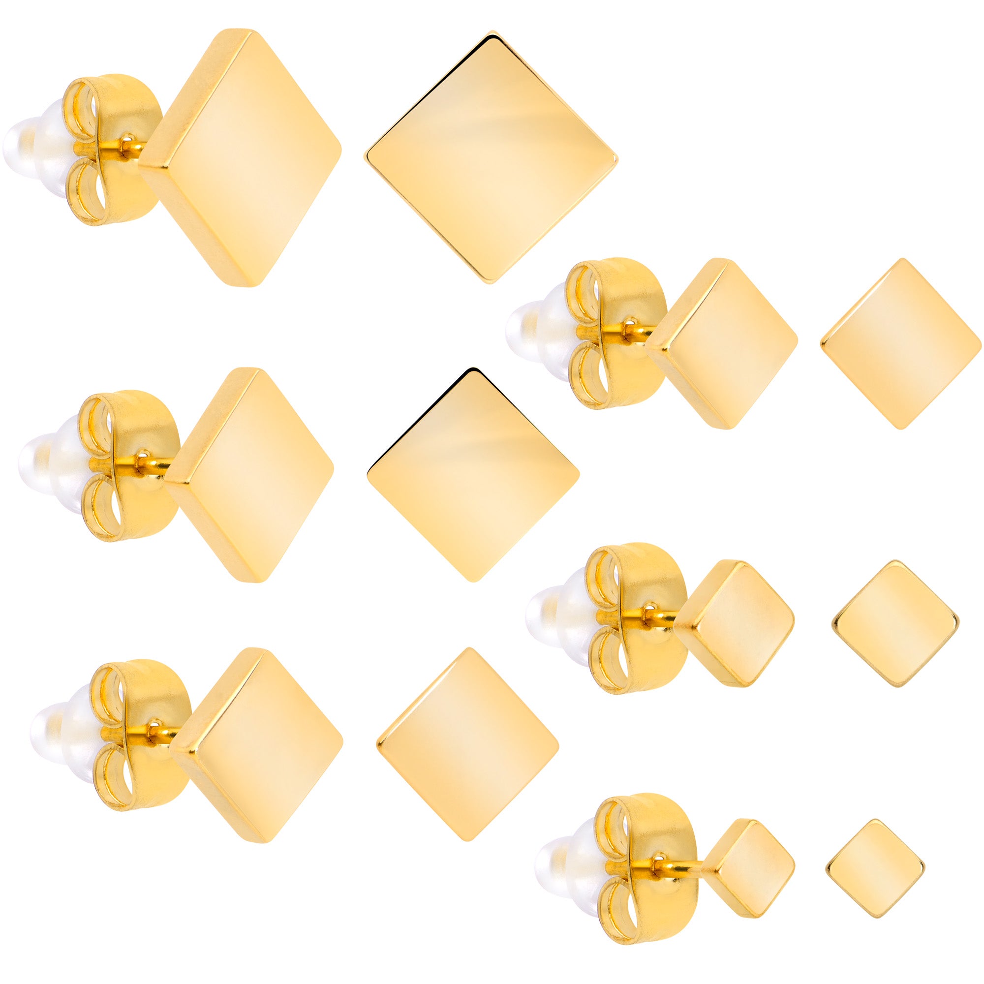 3mm-8mm Square Stud Gold Tone 316L Stainless Steel Earrings 6 Pack