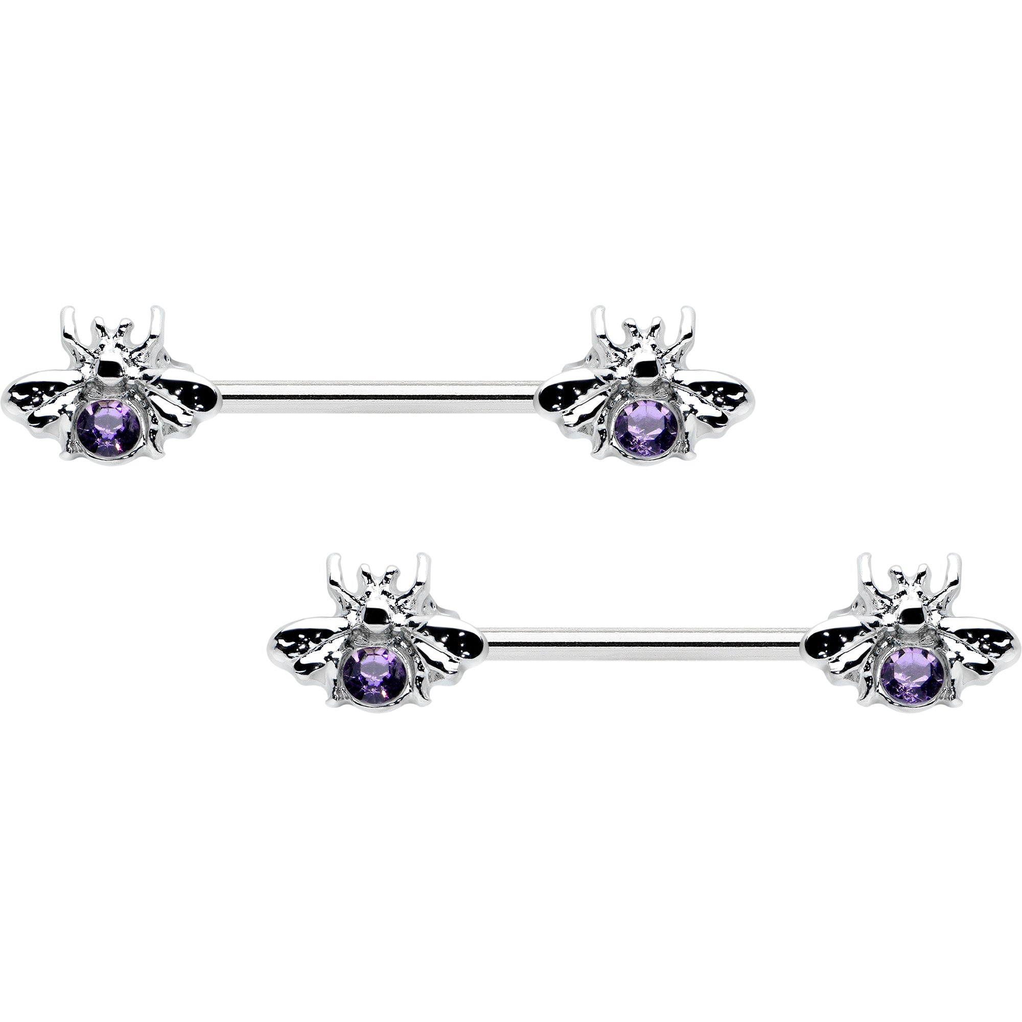 14G 9/16 Purple Gem Bee Beautiful Insect Barbell Nipple Ring Set