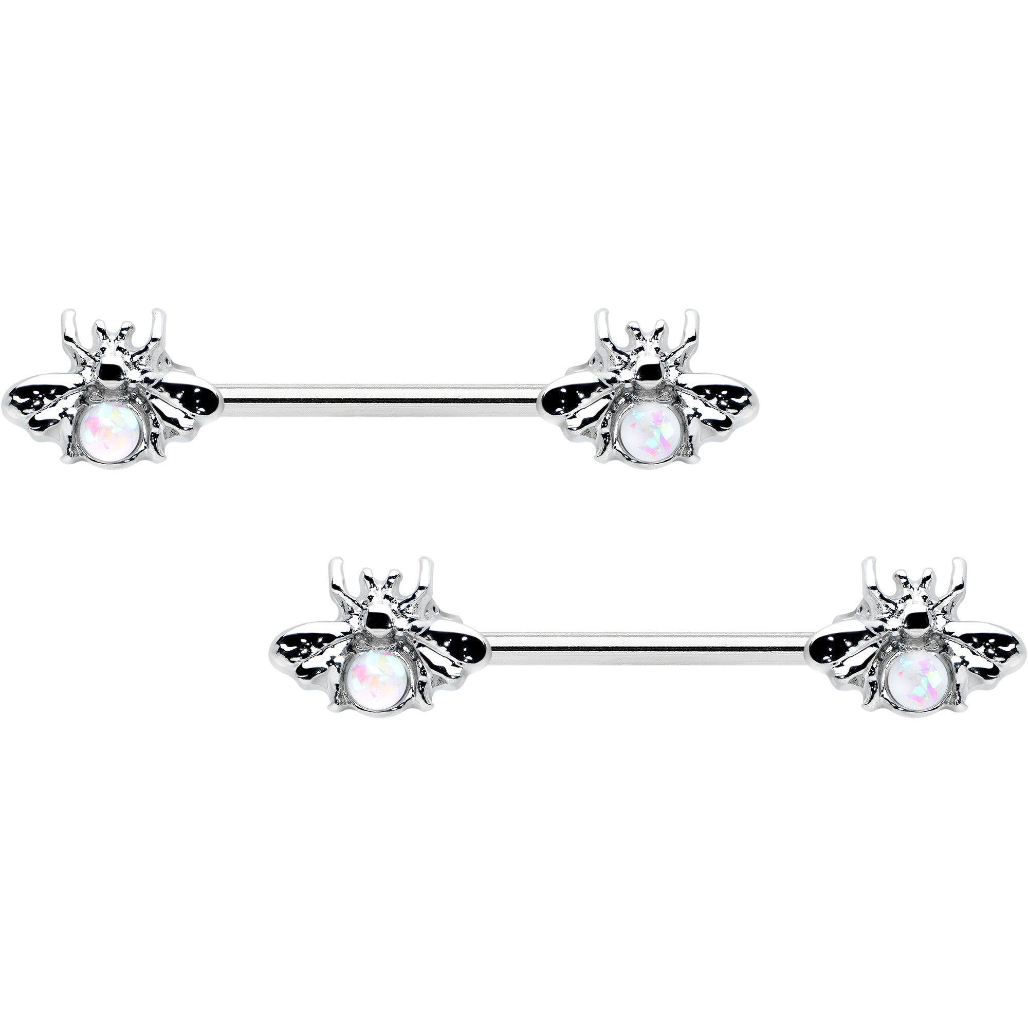 14G 9/16 White Faux Opal Bee Beauty Insect Barbell Nipple Ring Set