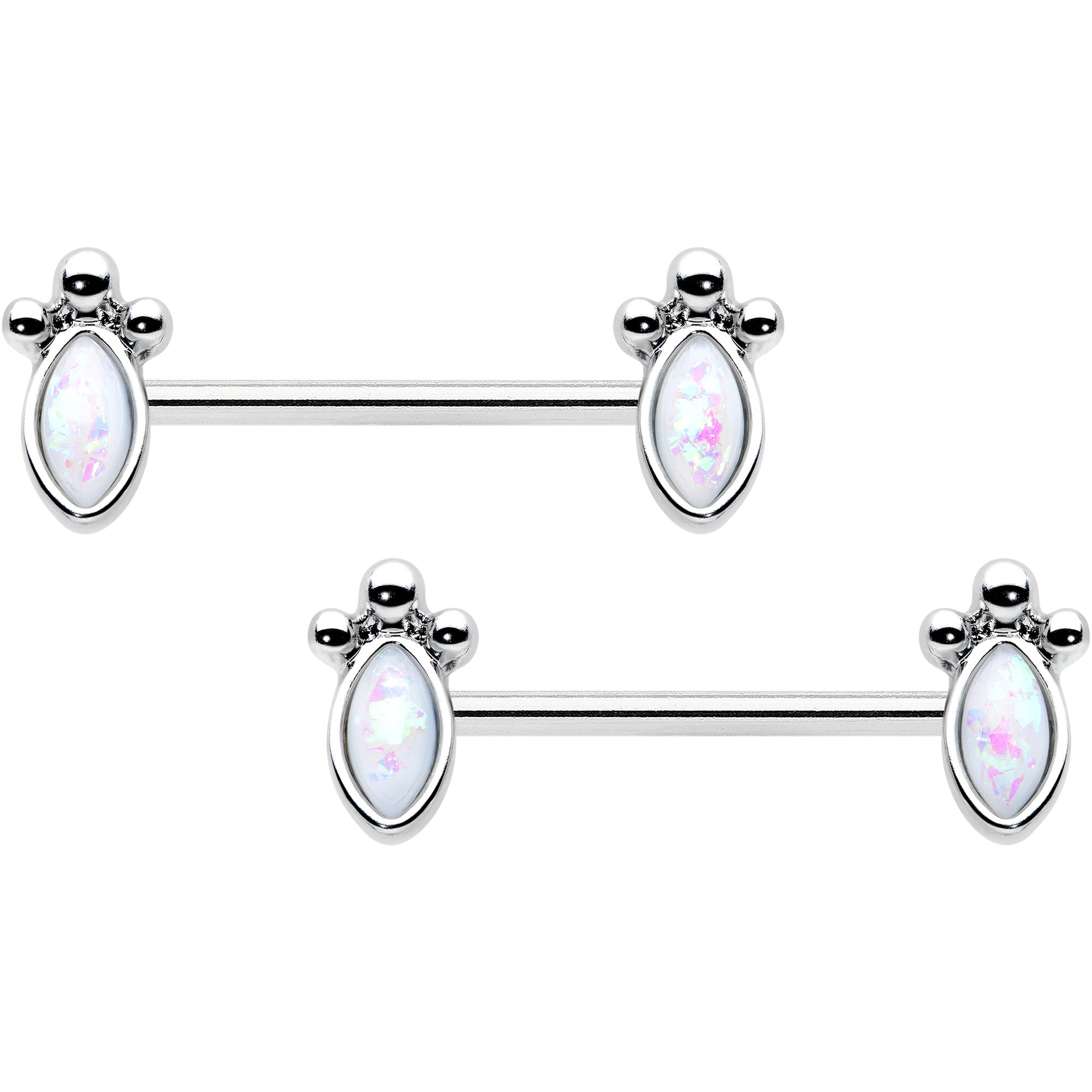 14G 9/16 White Faux Opal Deco Ovals Barbell Nipple Ring Set