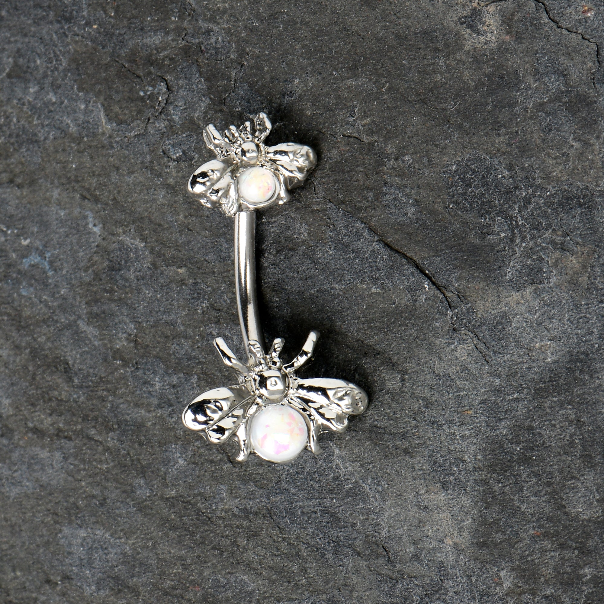 White Opalescent Bees Beautiful Insect Double Mount Belly Ring