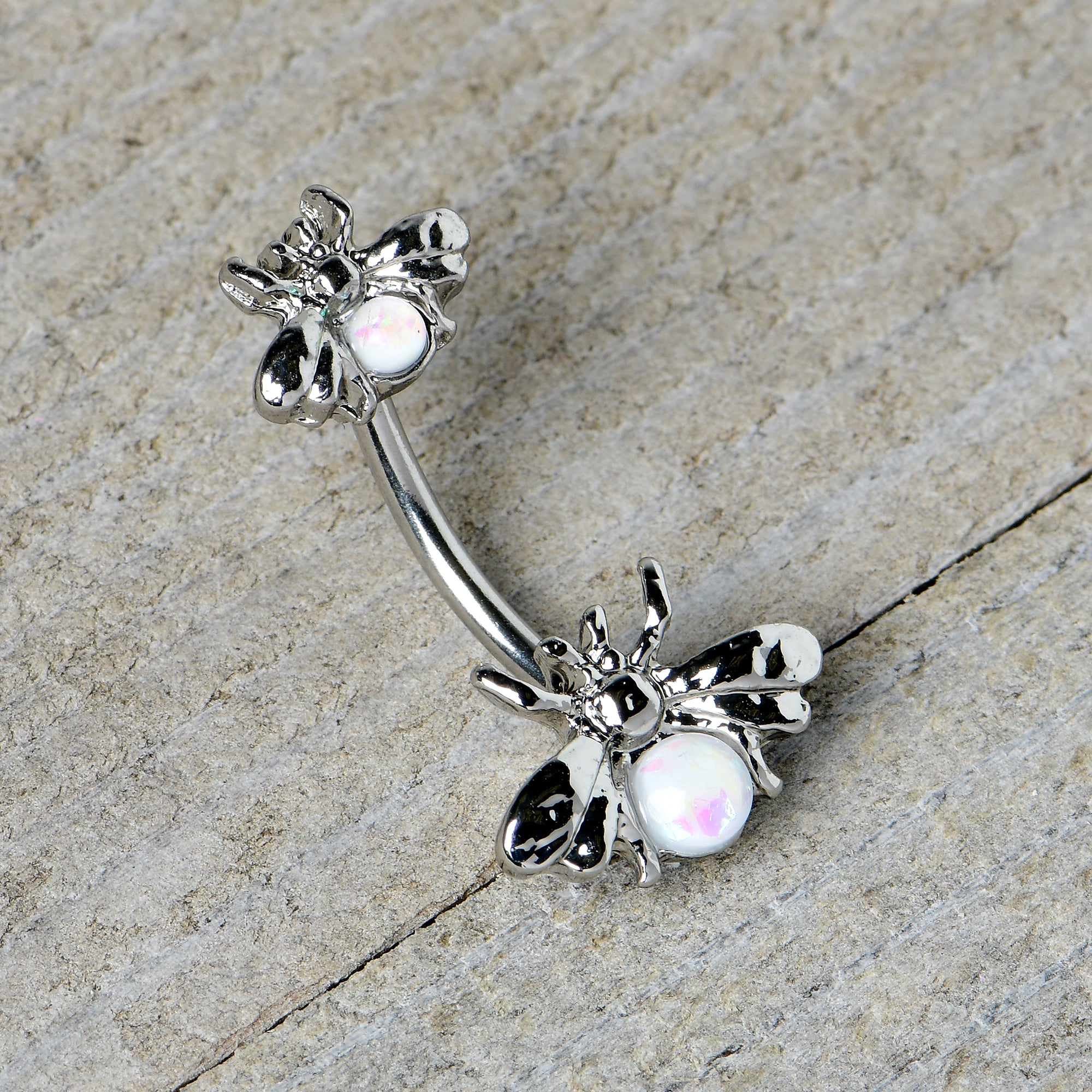 White Opalescent Bees Beautiful Insect Double Mount Belly Ring