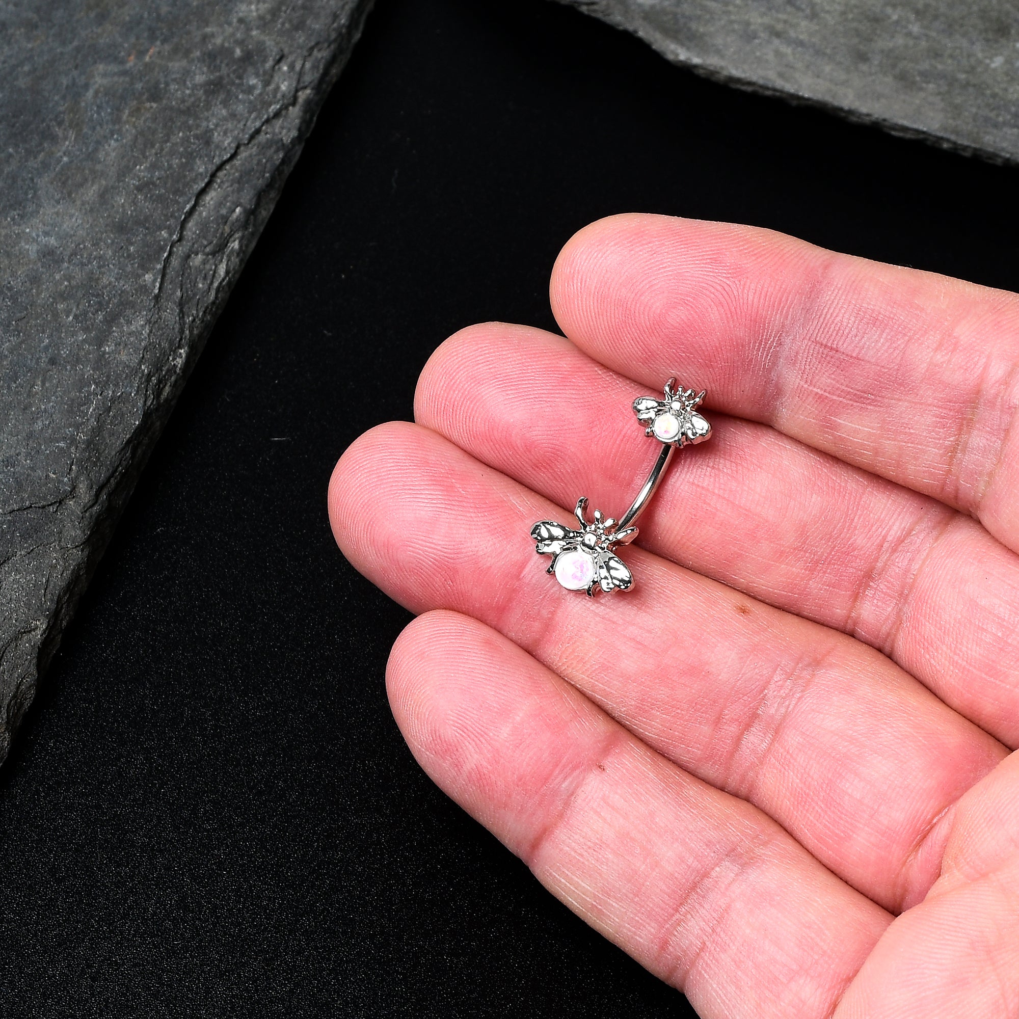White Opalescent Bees Beautiful Insect Double Mount Belly Ring