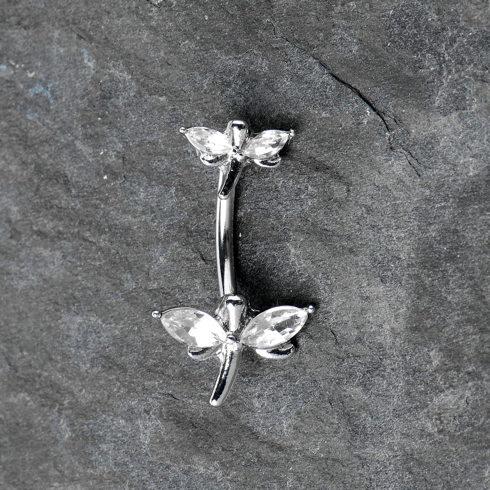 Clear Gem Simple Stylized Dragonfly Double Mount Belly Ring