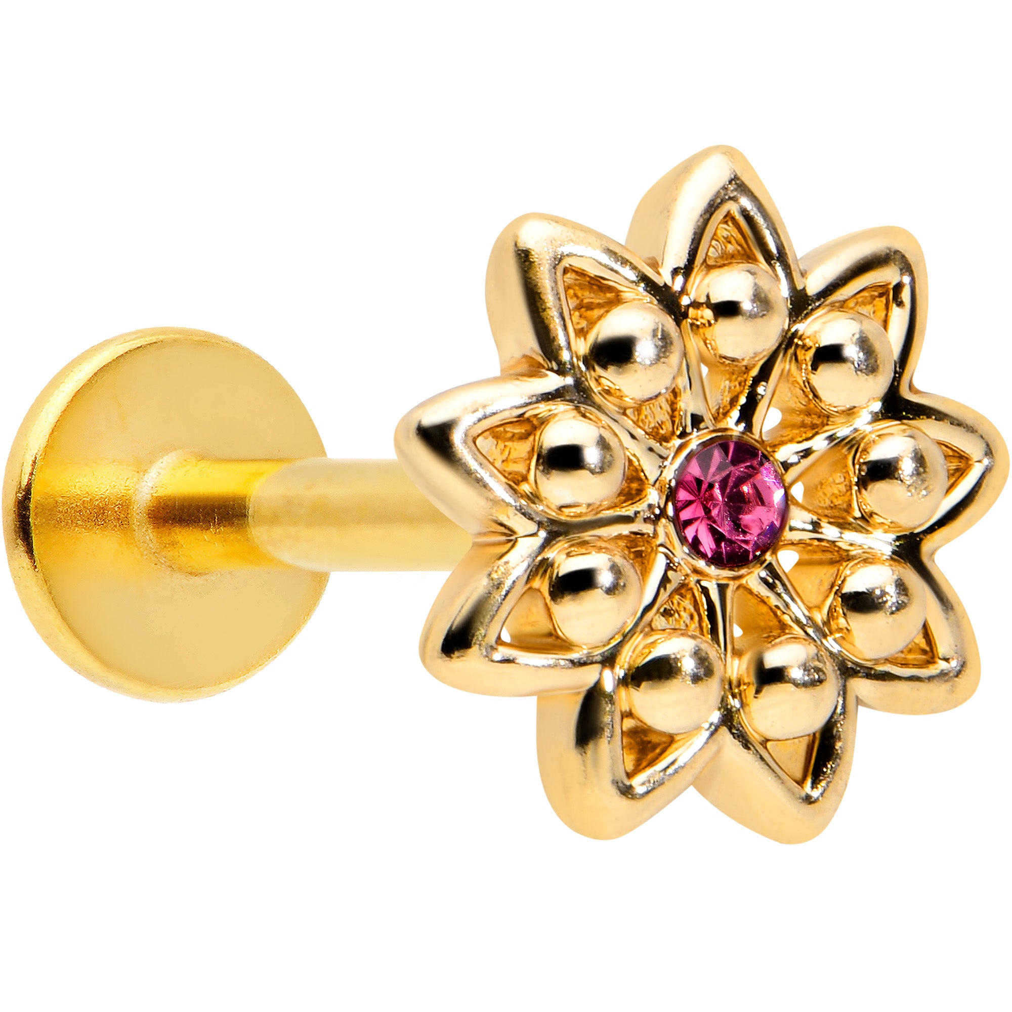 16G 5/16 Pink Gem Gold Tone Starry Flower Labret Monroe Tragus