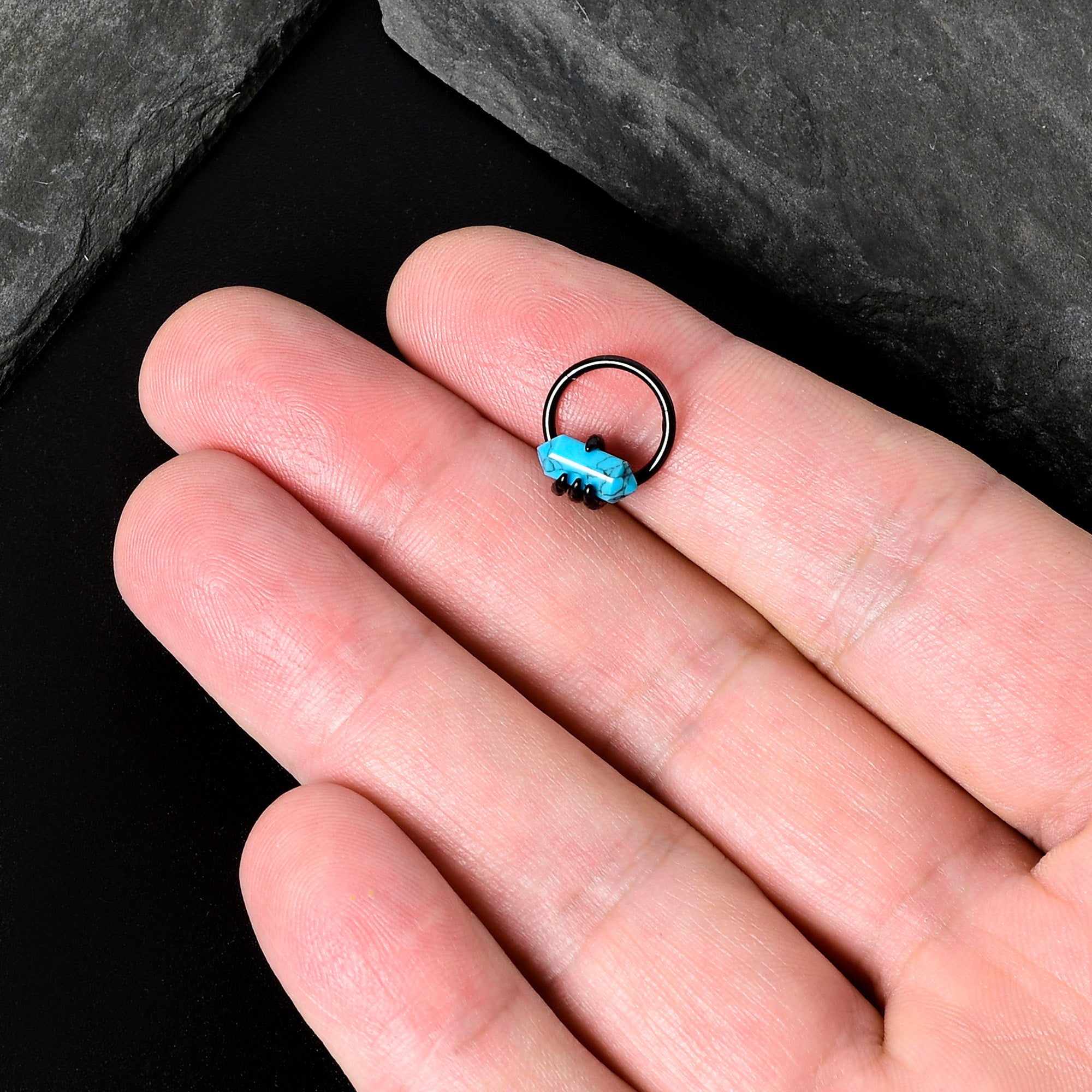 16G 3/8 Blue Turquoise Black Claw Obelisk Hinged Segment Ring