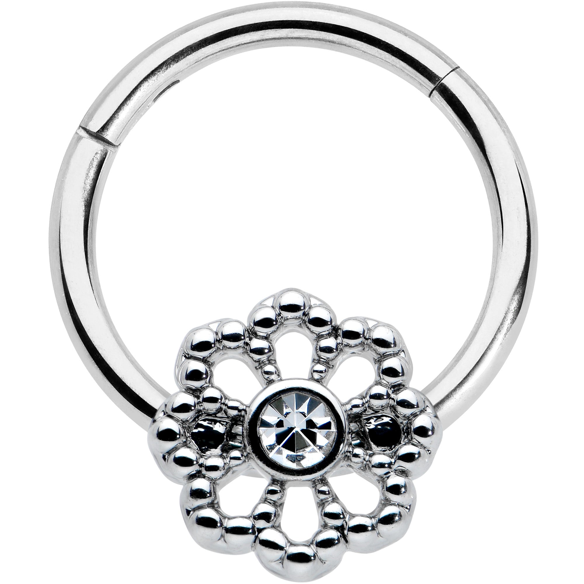 16G 3/8 Clear Gem Epic Fabulous Flower Hinged Segment Ring