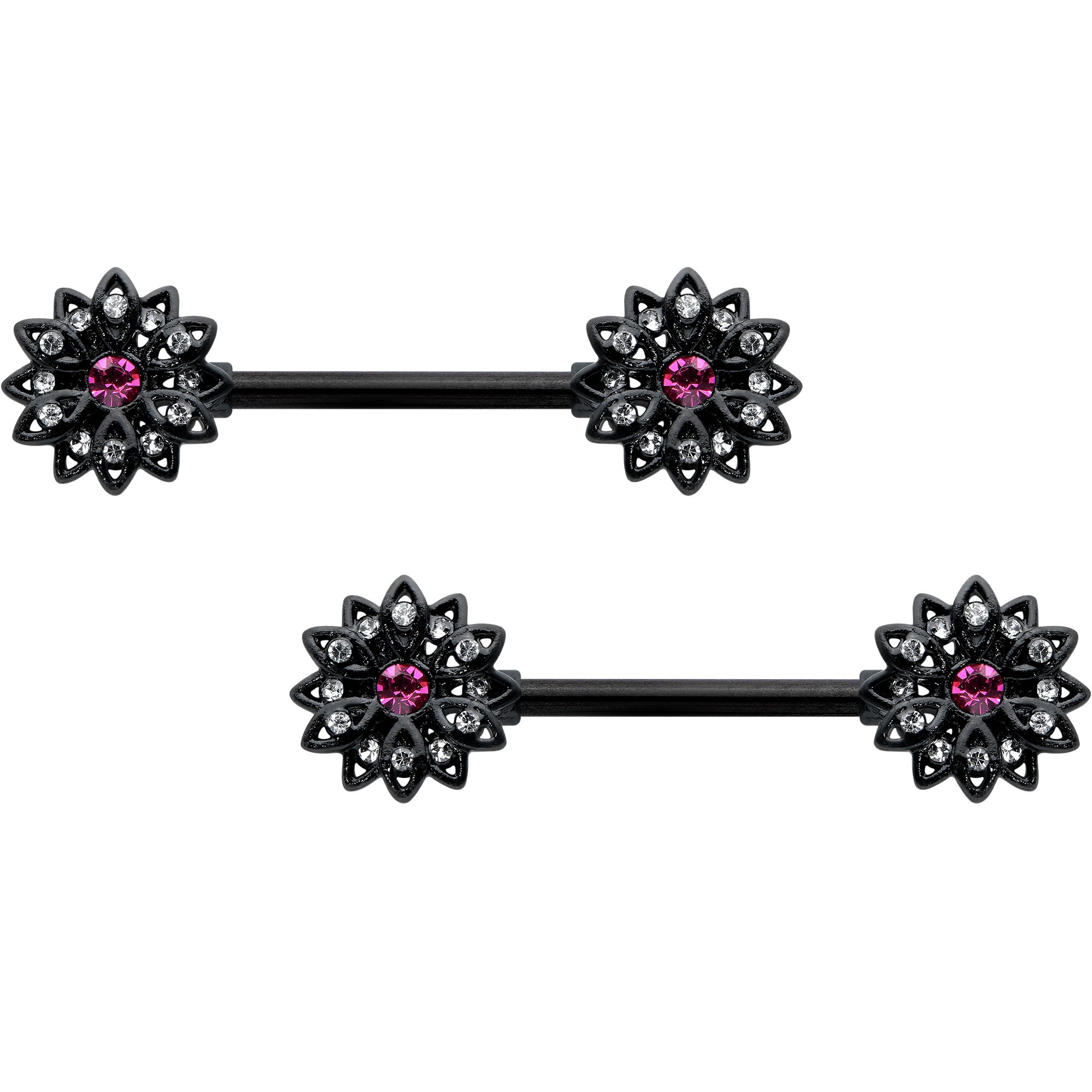 14G 9/16 Clear Gem Black Midnight Flower Barbell Nipple Ring Set