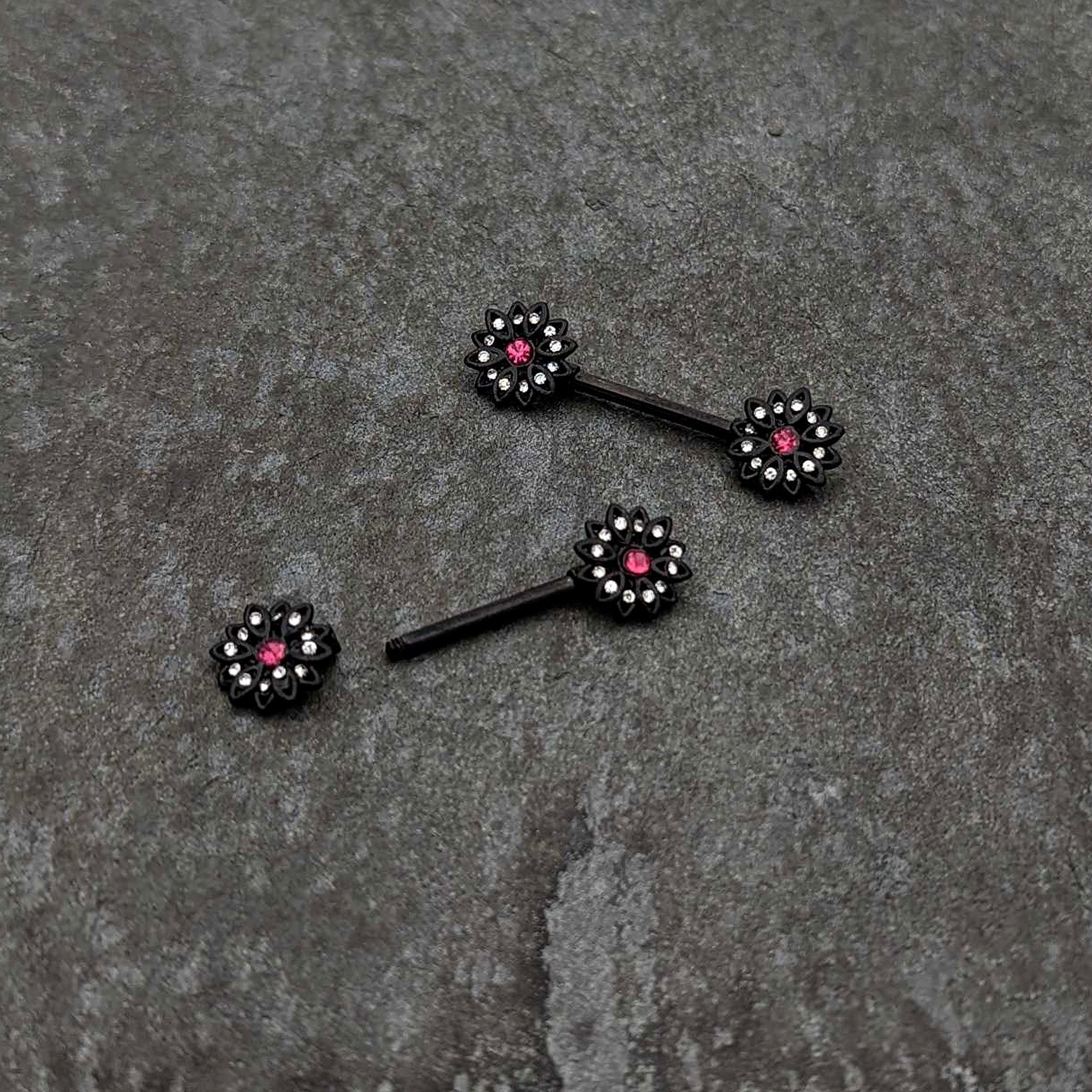 14G 9/16 Clear Gem Black Midnight Flower Barbell Nipple Ring Set