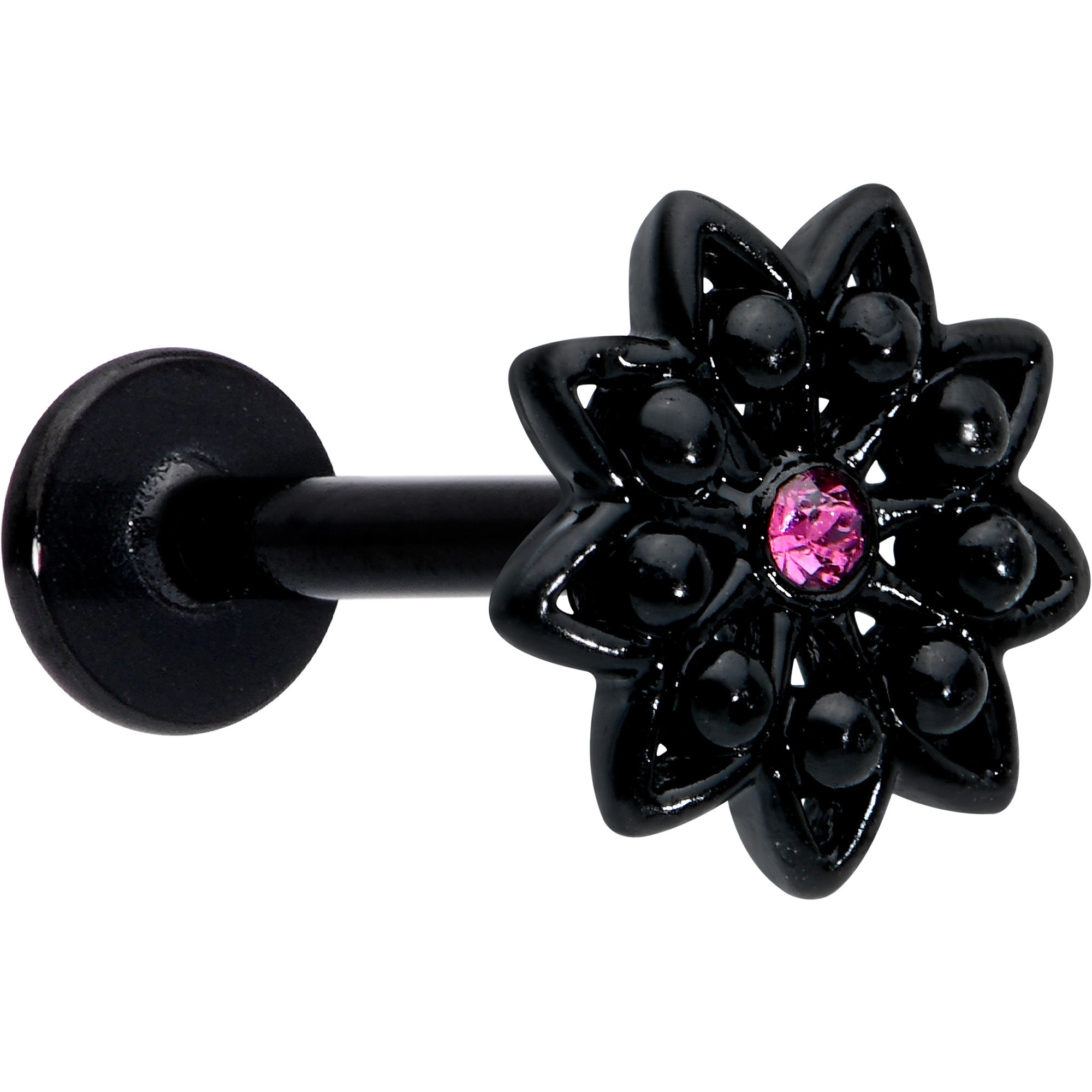 16G 5/16 Pink Gem Black Midnight Flower Labret Monroe Tragus