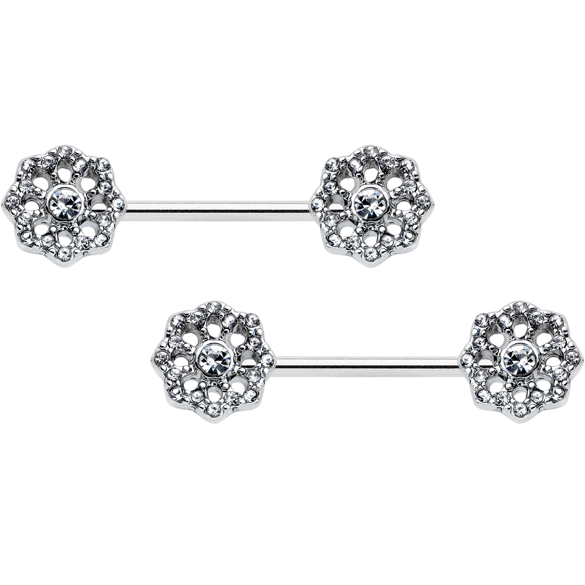 14G 9/16 Clear Gem Epic Fabulous Flower Barbell Nipple Ring Set