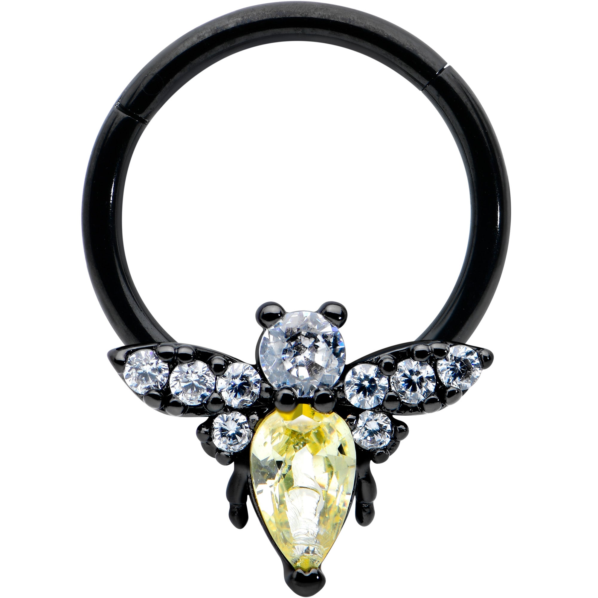 16G 3/8 Yellow Clear Gem Black Butterfly Hinged Segment Ring