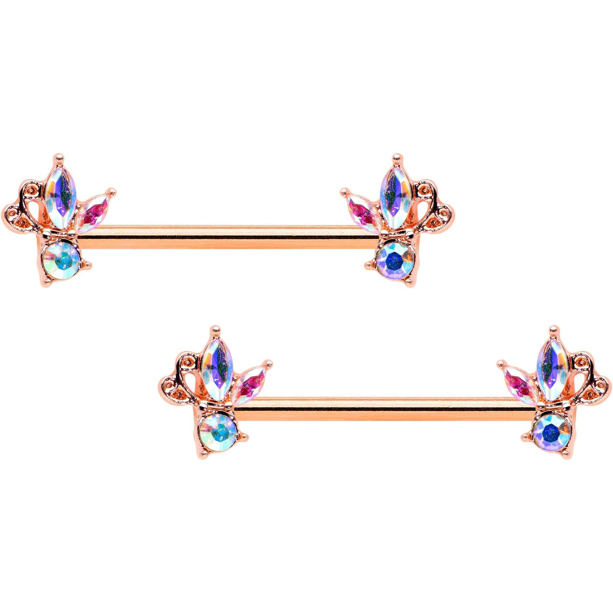 14G 5/8 Aurora CZ Gem Rosy Hue Fleur de Lis Butterfly Barbell Nipple Ring Set