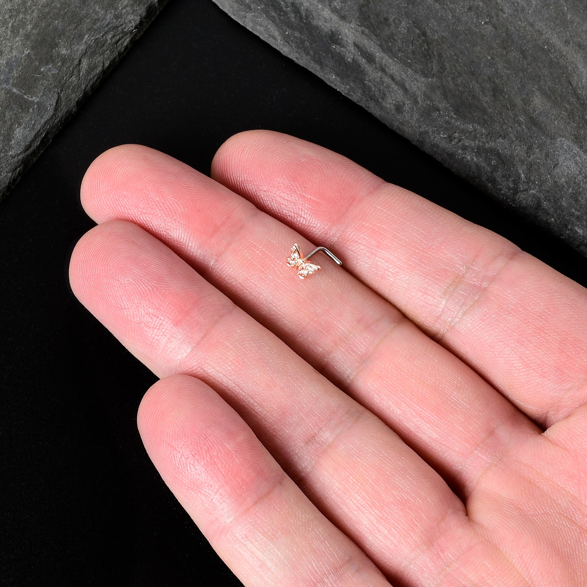 20G 7mm Clear Gem Baroque Rosy Butterfly L Shape Nose Ring