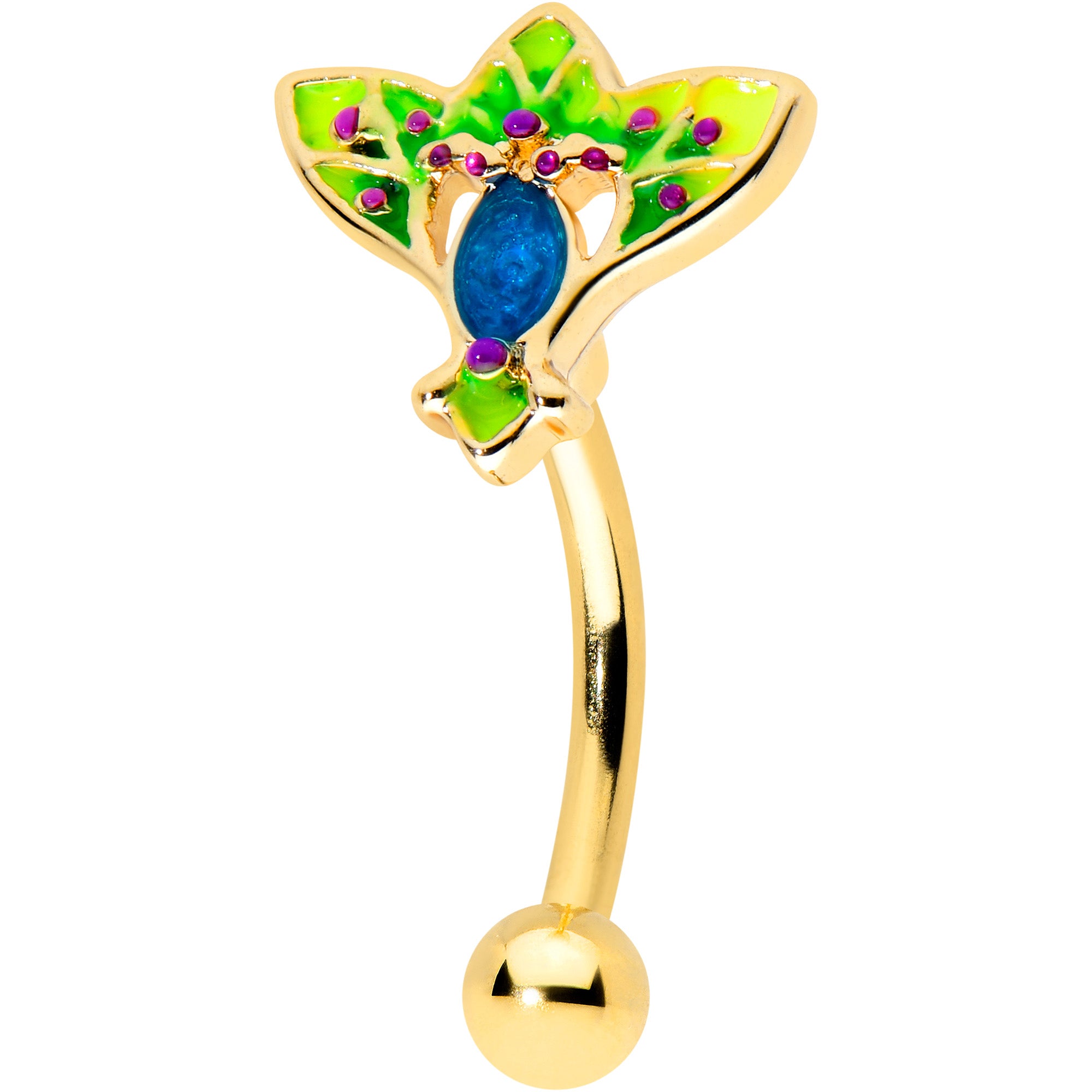 16G 5/16 Blue Gem Gold Tone Tropic Fan Curved Eyebrow Ring