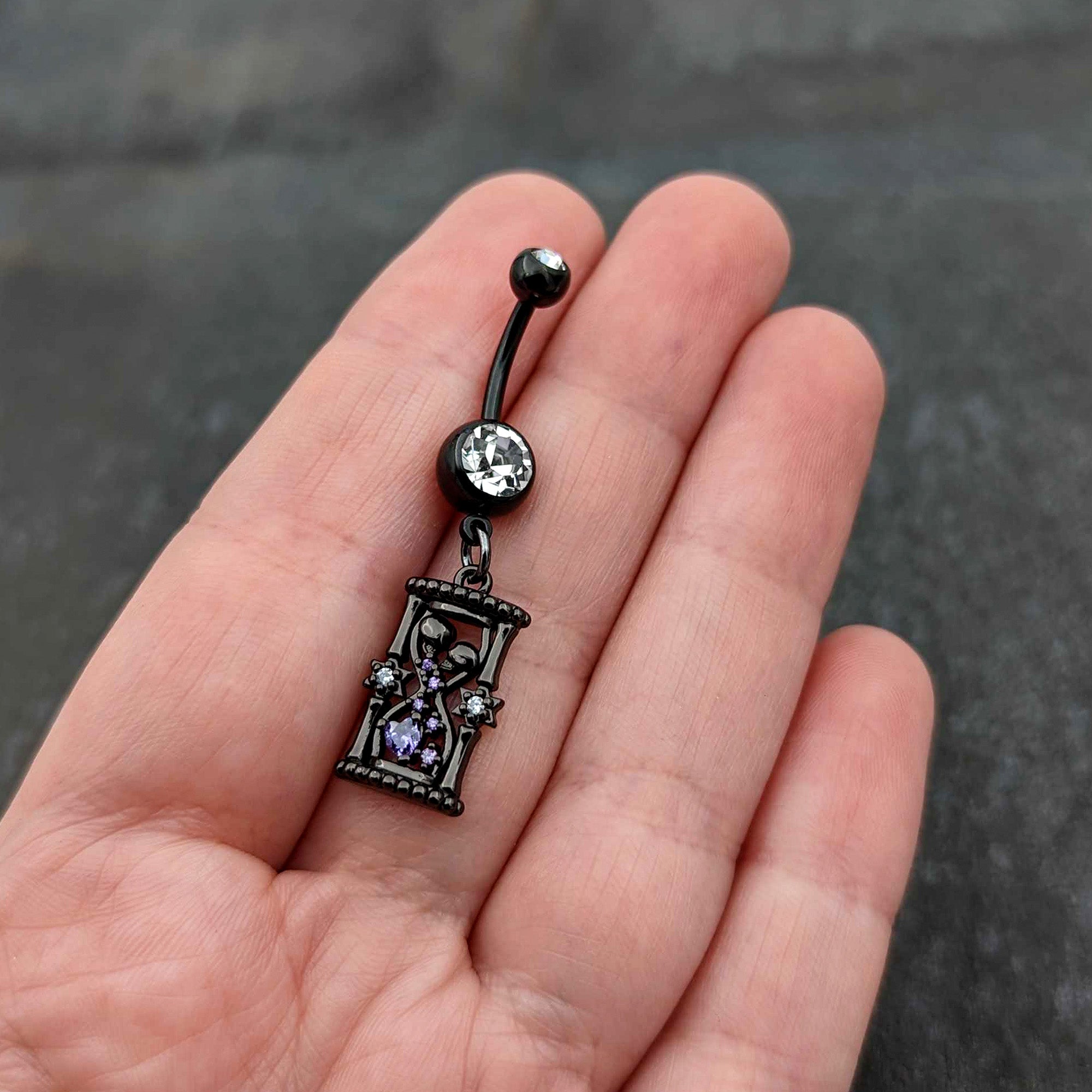 Clear Purple Gem Black Goth Heart Skulls Hourglass Dangle Belly Ring