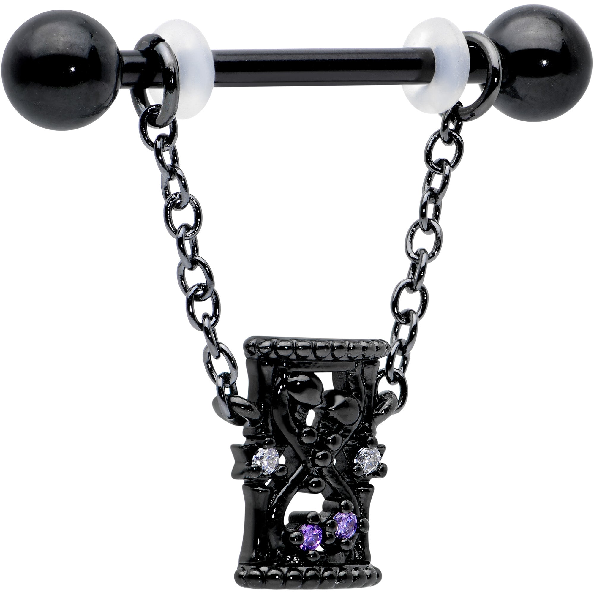 14G 5/8 Purple Gem Black Goth Hourglass Chain Dangle Nipple Ring Set