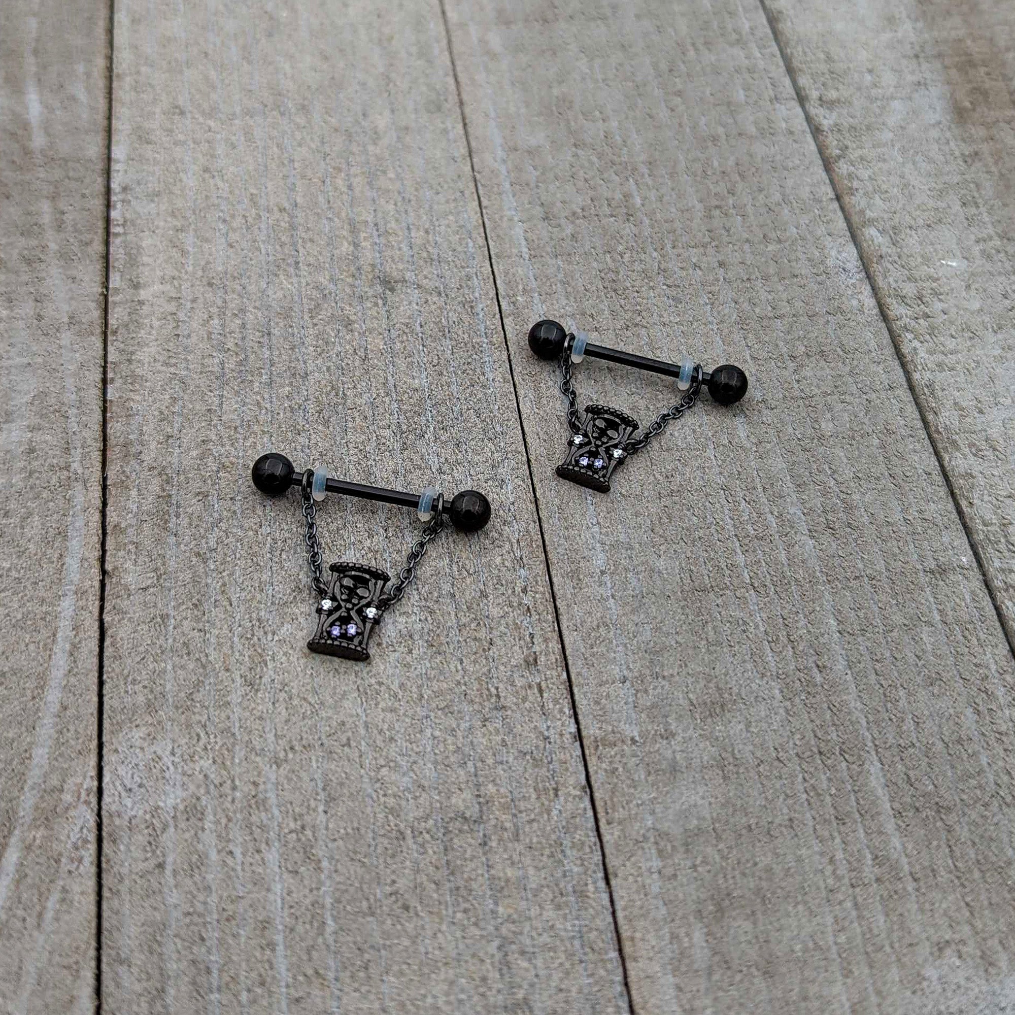 14G 5/8 Purple Gem Black Goth Hourglass Chain Dangle Nipple Ring Set