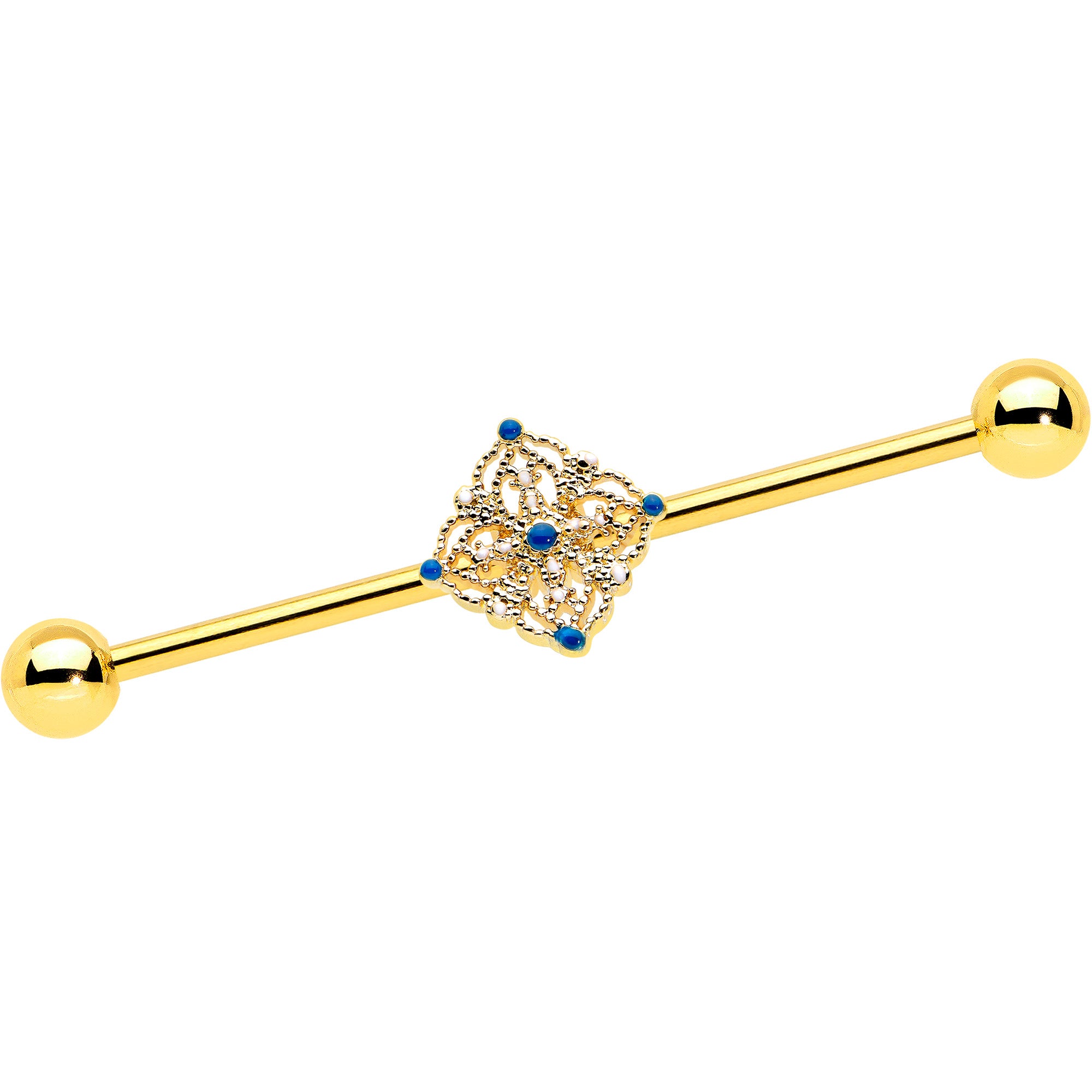 14G Blue Gem Gold Tone Texture Emblem Industrial Barbell 38mm