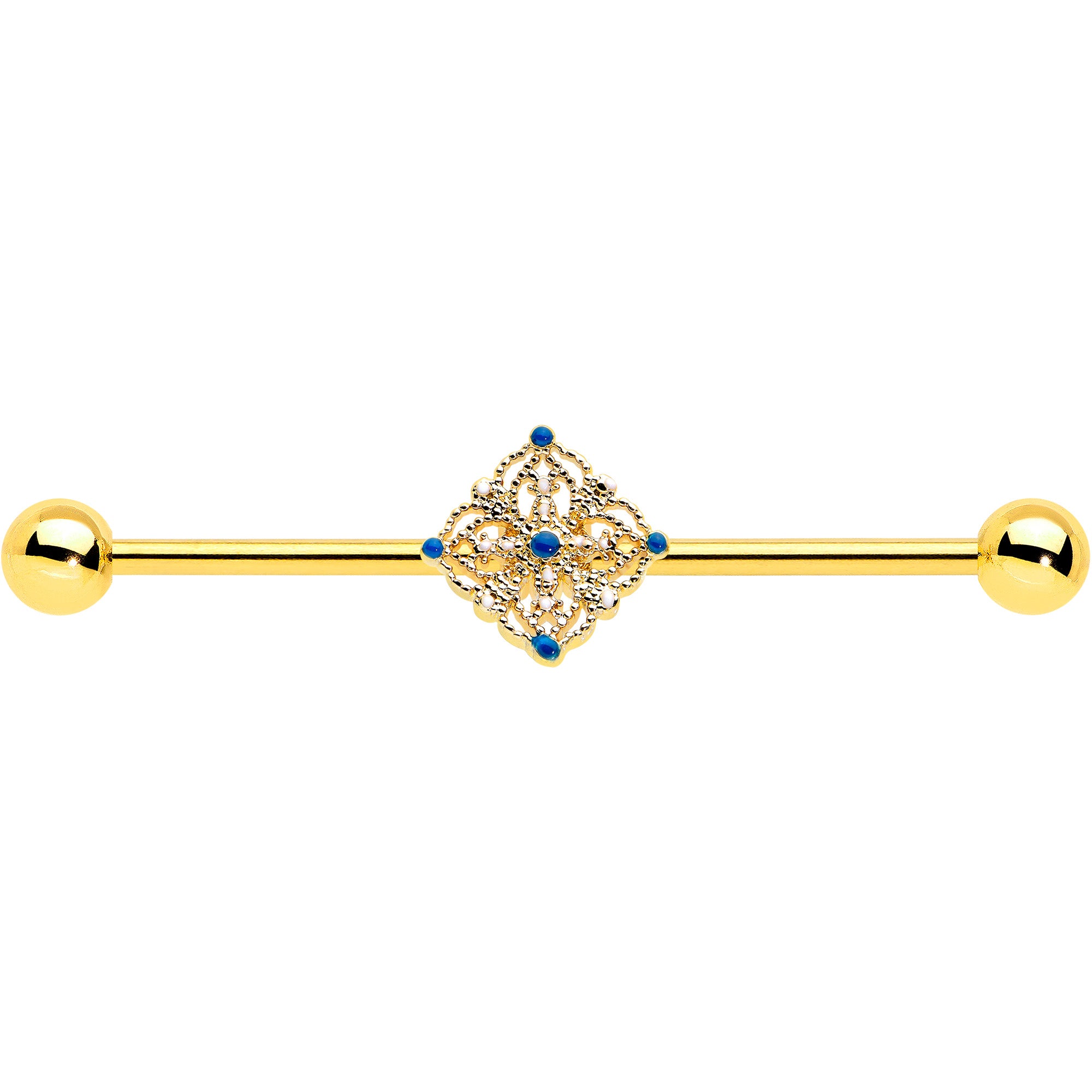 14G Blue Gem Gold Tone Texture Emblem Industrial Barbell 38mm