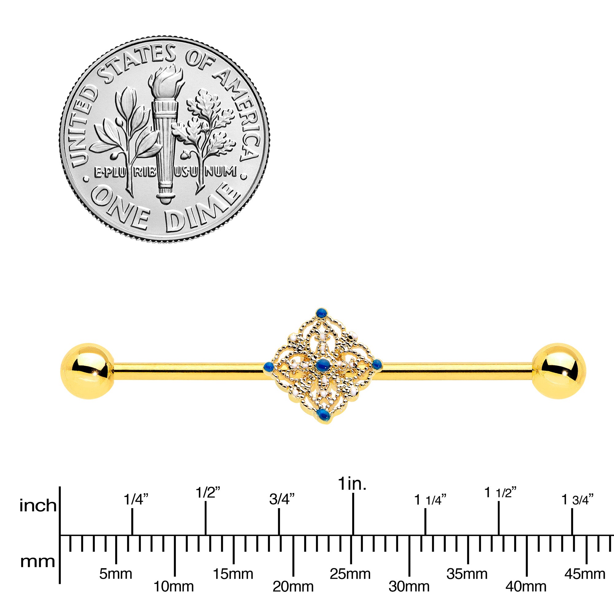 14G Blue Gem Gold Tone Texture Emblem Industrial Barbell 38mm