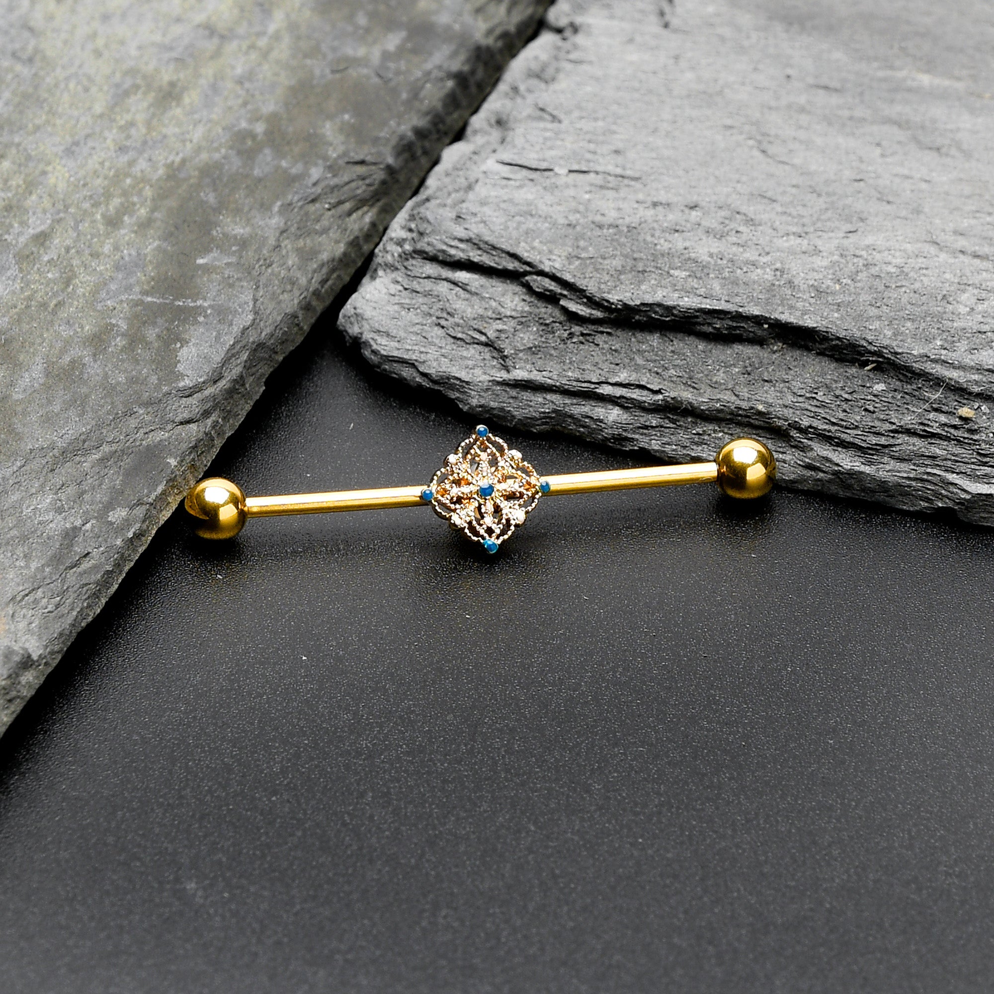 14G Blue Gem Gold Tone Texture Emblem Industrial Barbell 38mm