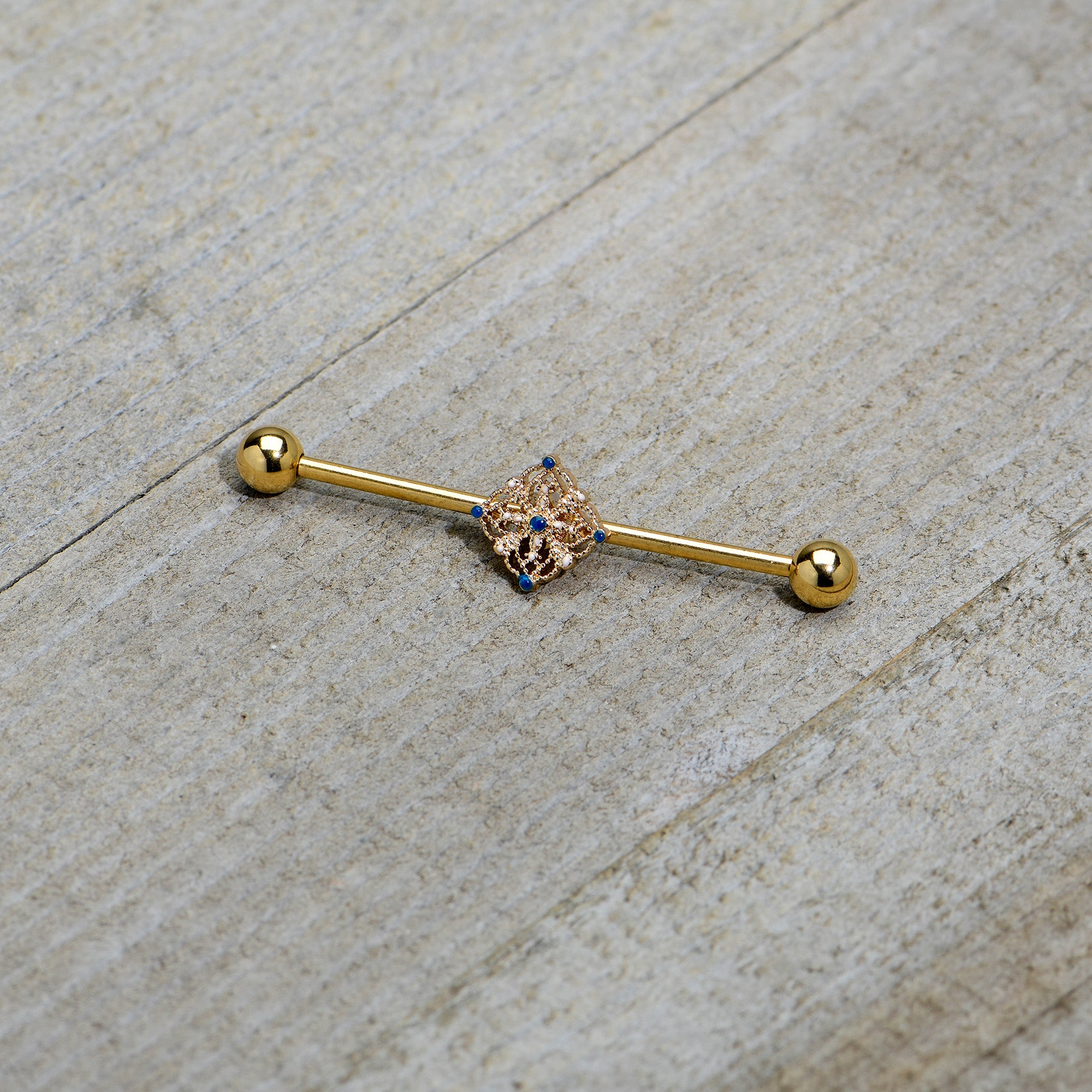 14G Blue Gem Gold Tone Texture Emblem Industrial Barbell 38mm