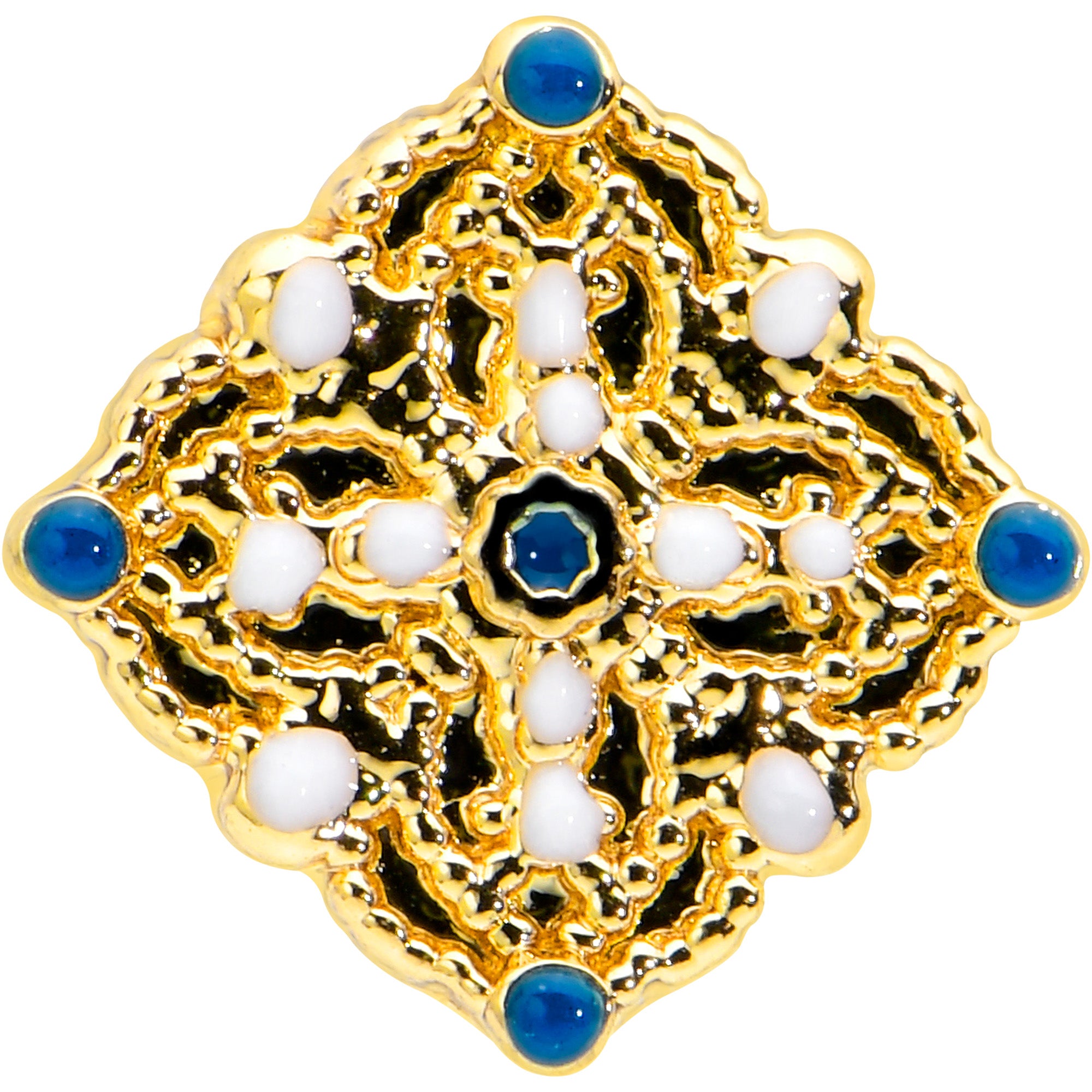 16G 1/4 Blue Gem Gold Tone Lacy Rhombus Cartilage Tragus Earring