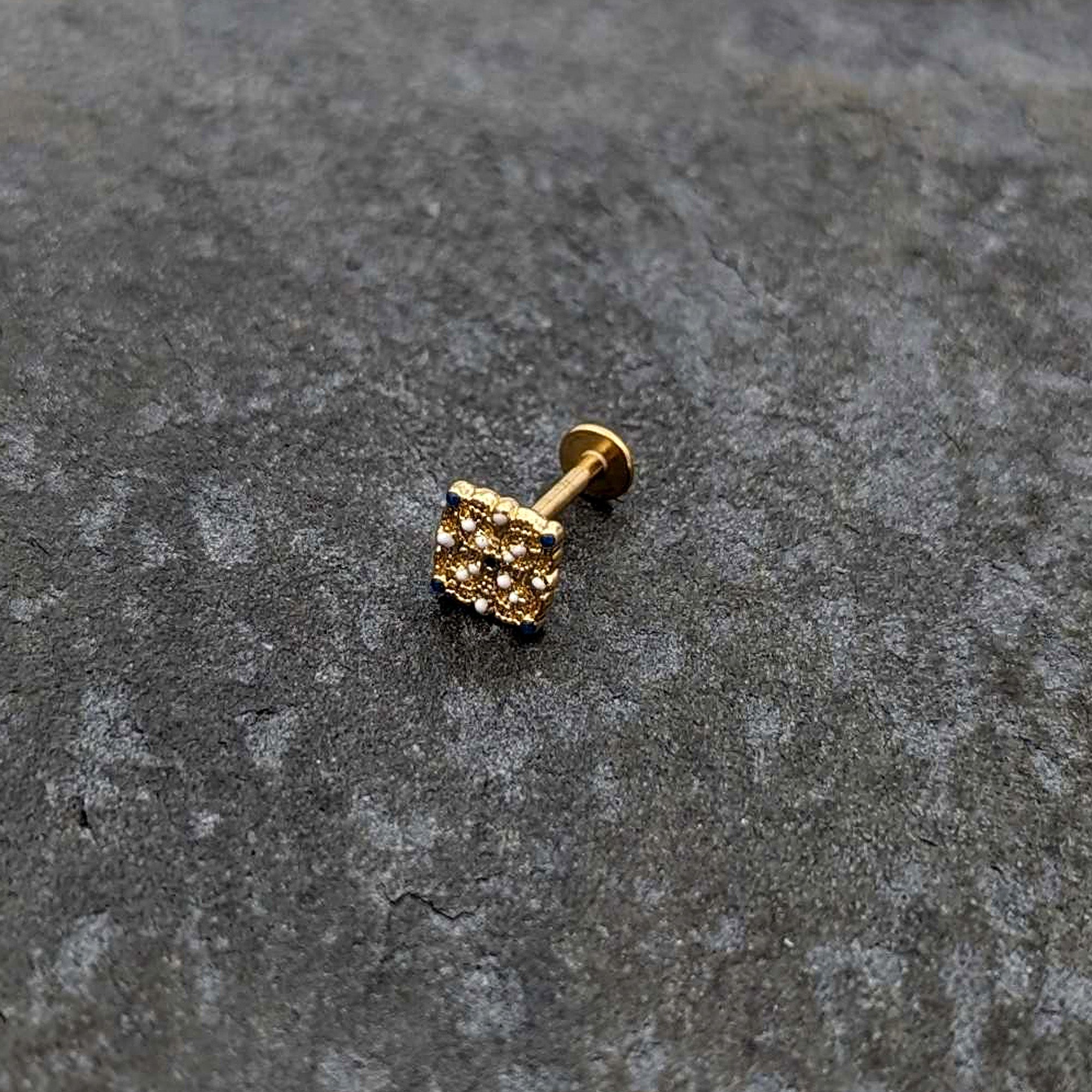 16G 5/16 Blue Gem Gold Tone Lacy Rhombus Labret Monroe Tragus