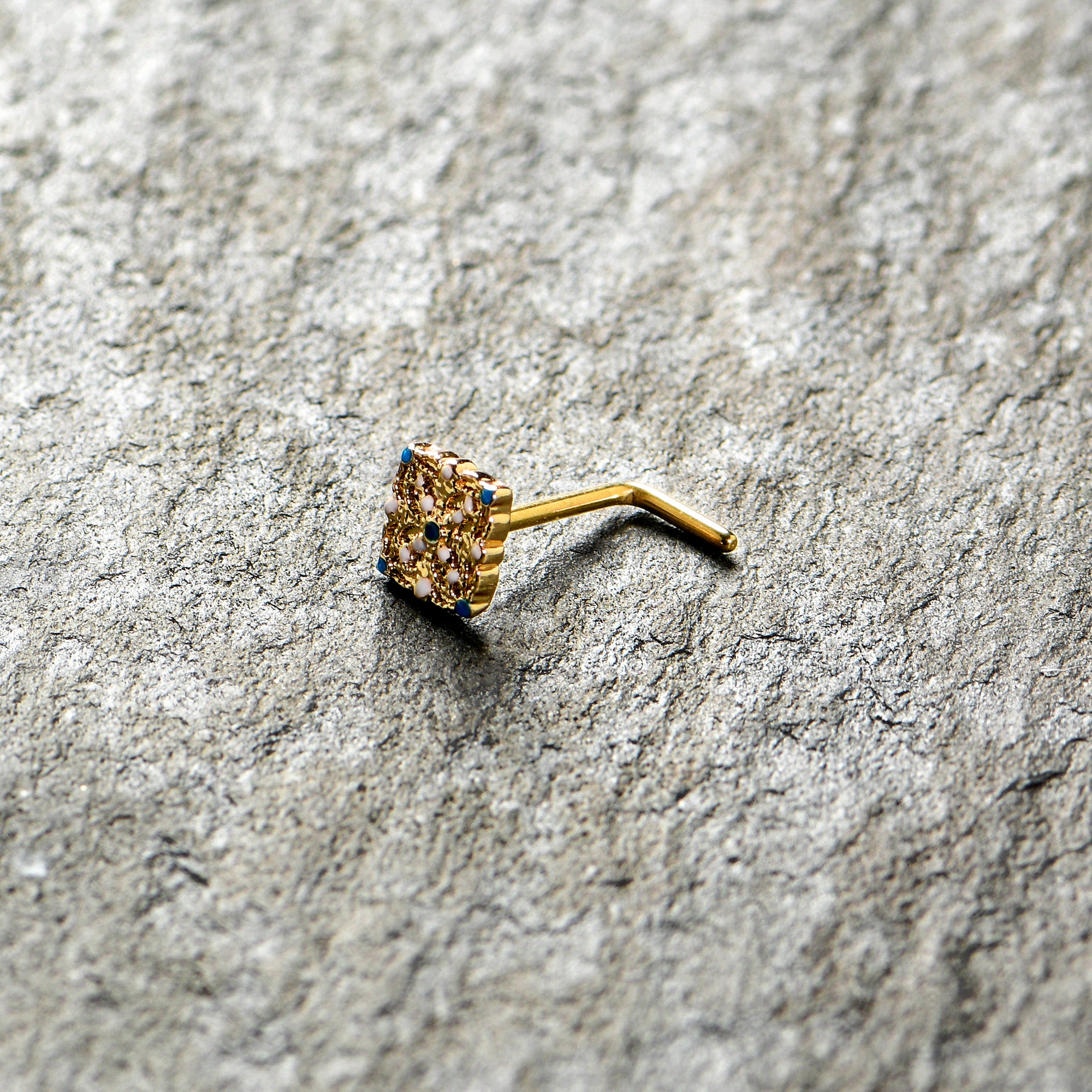 20G 1/4 Gold Tone Lacy Rhombus L Shape Nose Ring