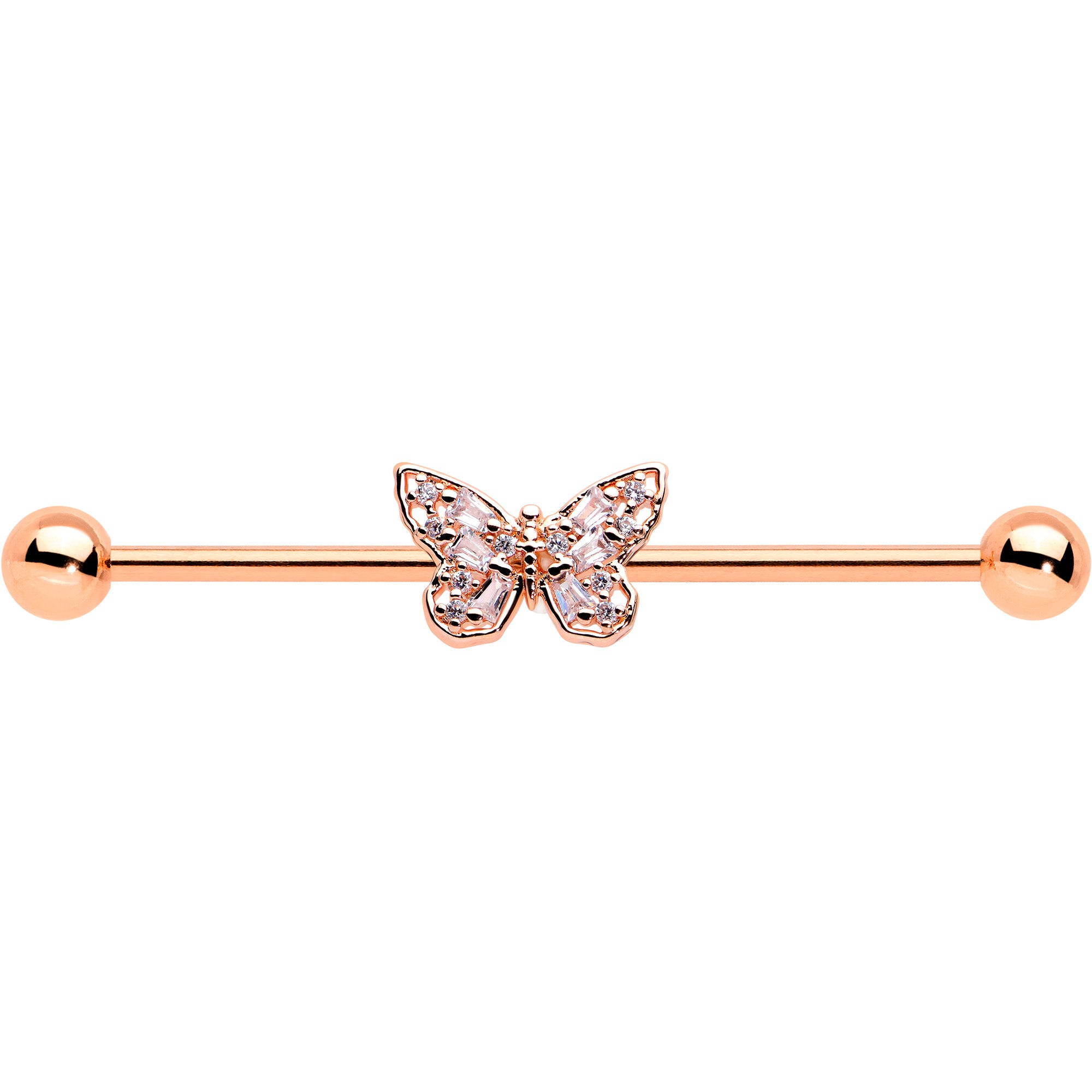 14G Clear Gem Rosy Tone Baroque Butterfly Industrial Barbell 38mm