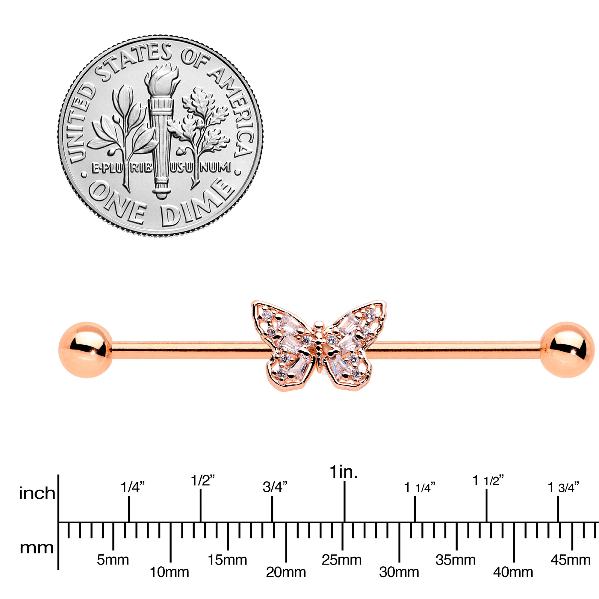 14G Clear Gem Rosy Tone Baroque Butterfly Industrial Barbell 38mm
