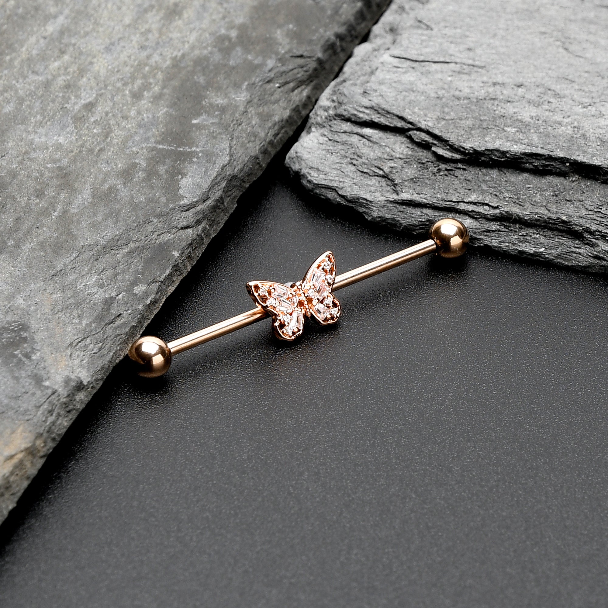 14G Clear Gem Rosy Tone Baroque Butterfly Industrial Barbell 38mm
