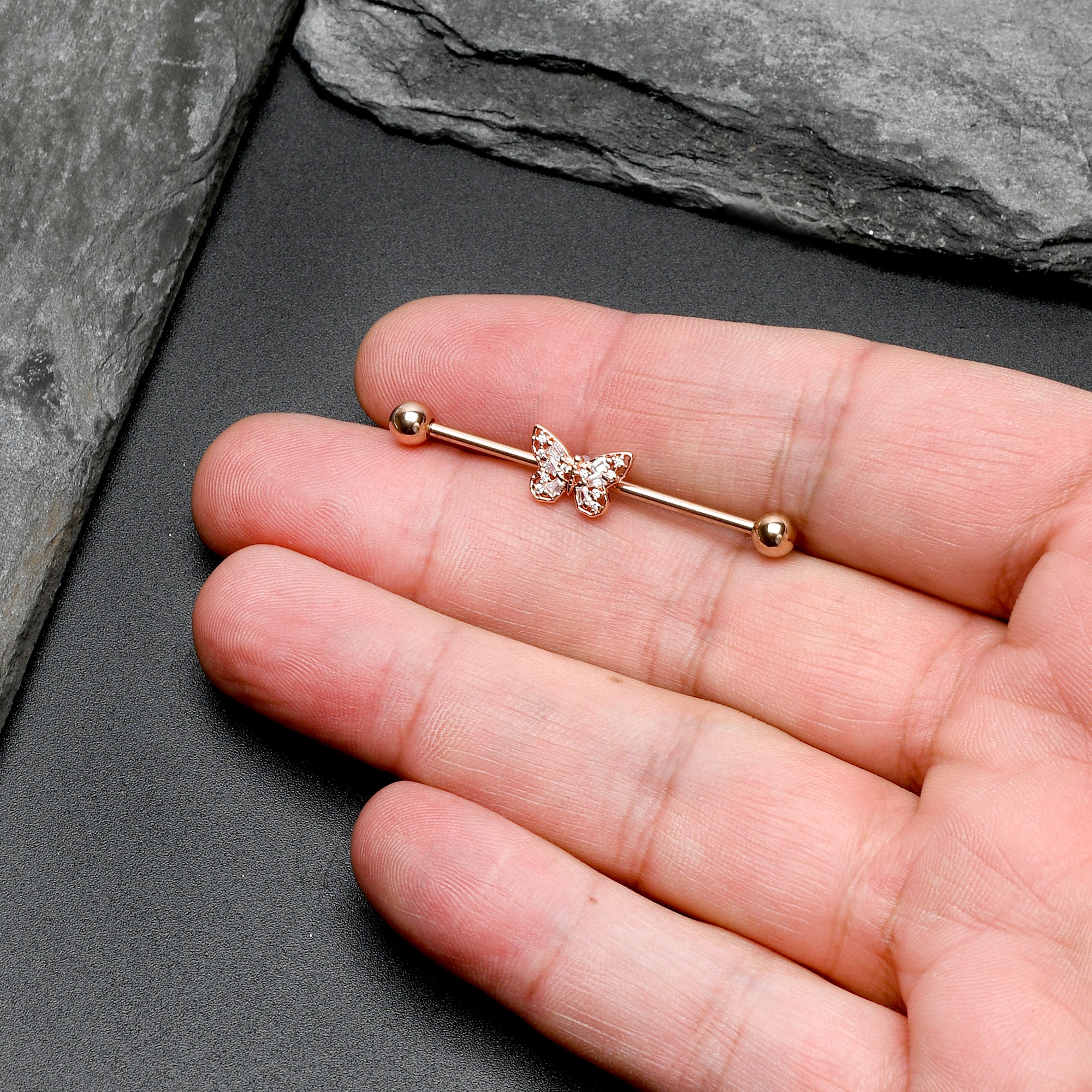 14G Clear Gem Rosy Tone Baroque Butterfly Industrial Barbell 38mm