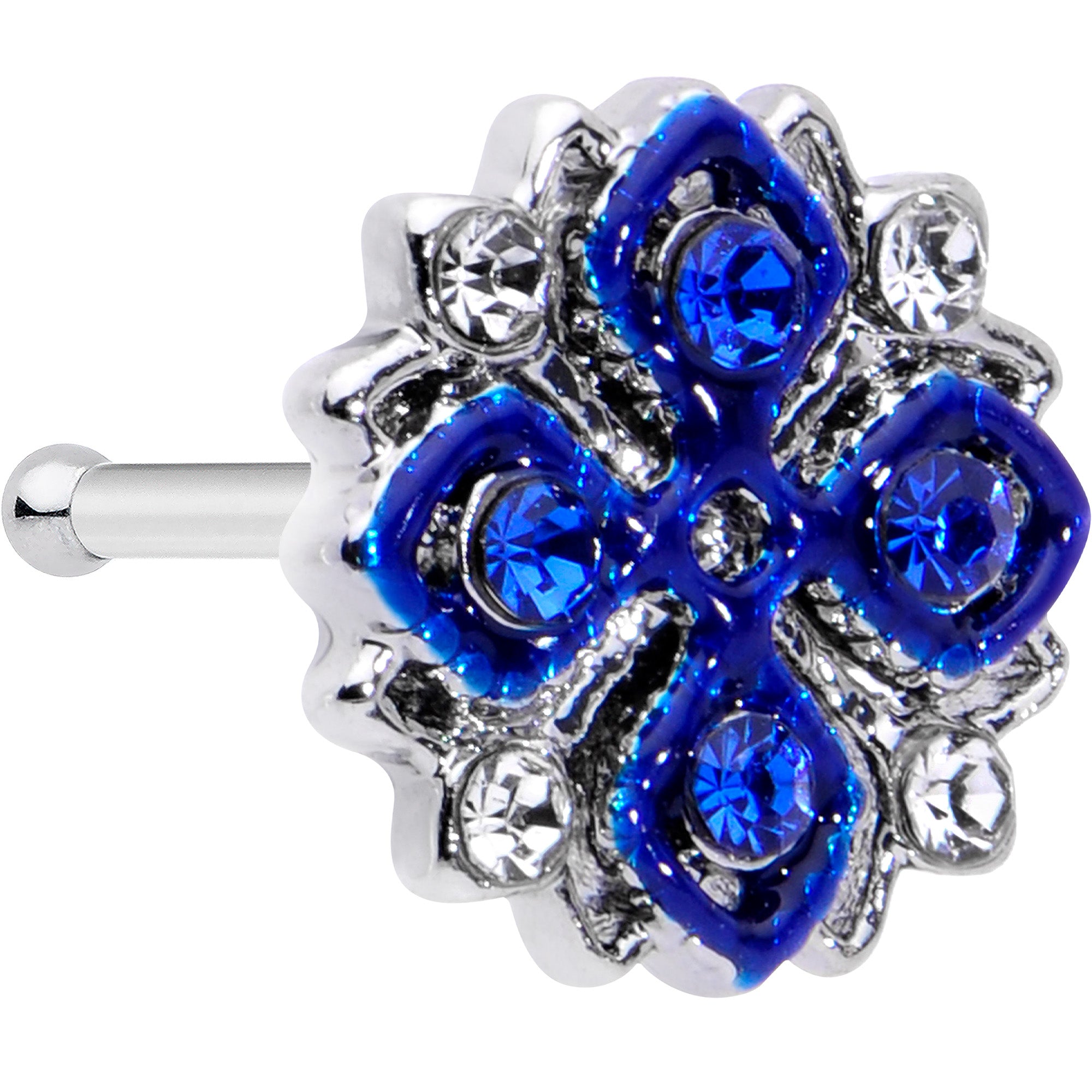 20G 1/4 Clear Blue Gem Embellished Cross Nose Bone