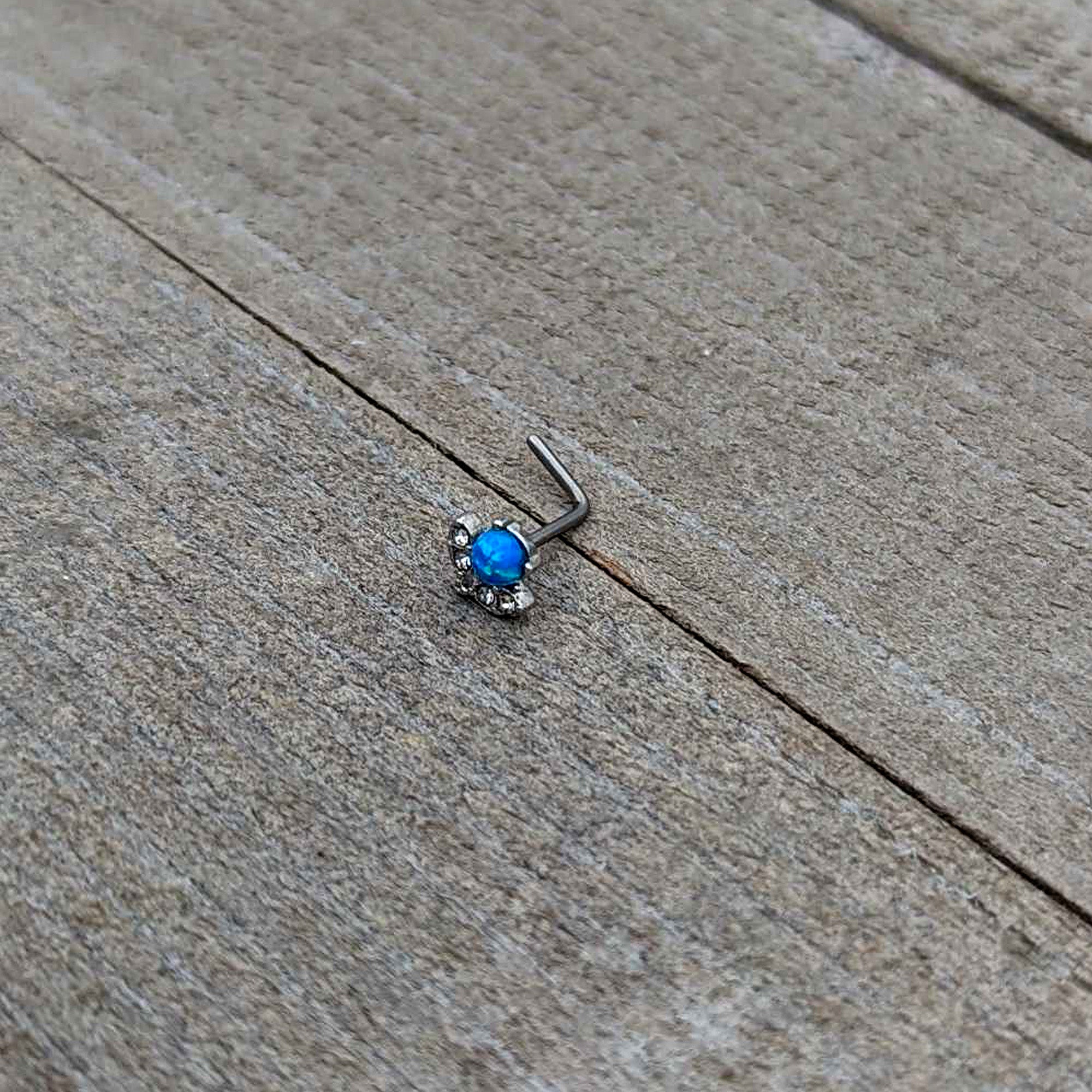 20G 1/4 Blue Synthetic Opal Style Flower L Shape Nose Ring