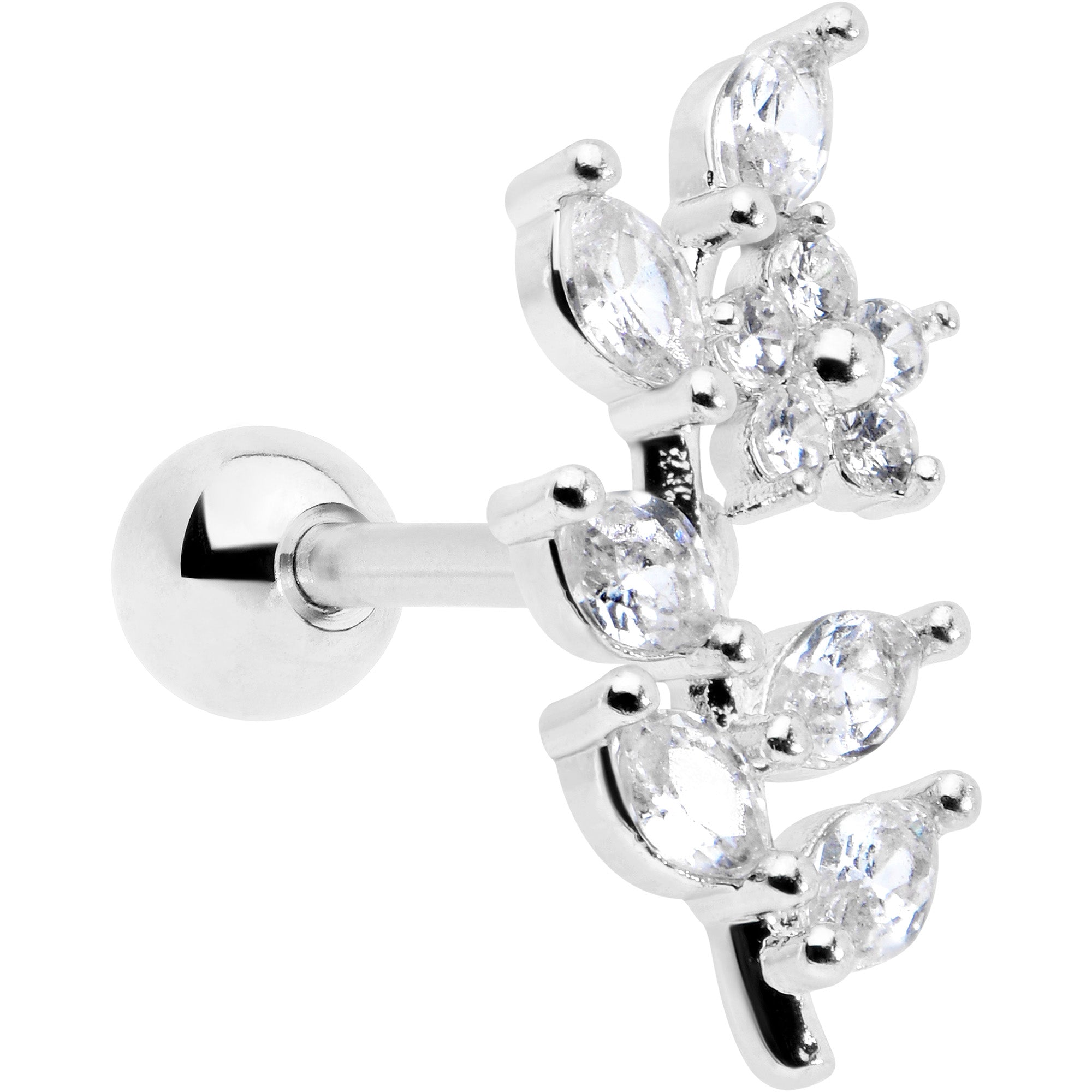 16G 1/4 Clear CZ Gem Flower And Vine Cartilage Tragus Earring