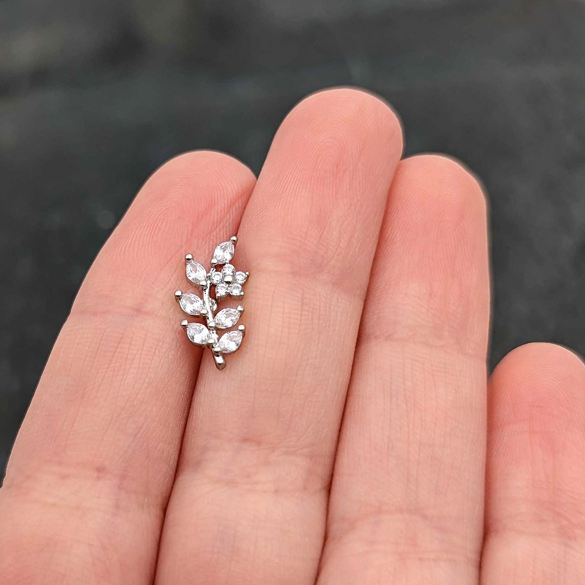 16G 1/4 Clear CZ Gem Flower And Vine Cartilage Tragus Earring