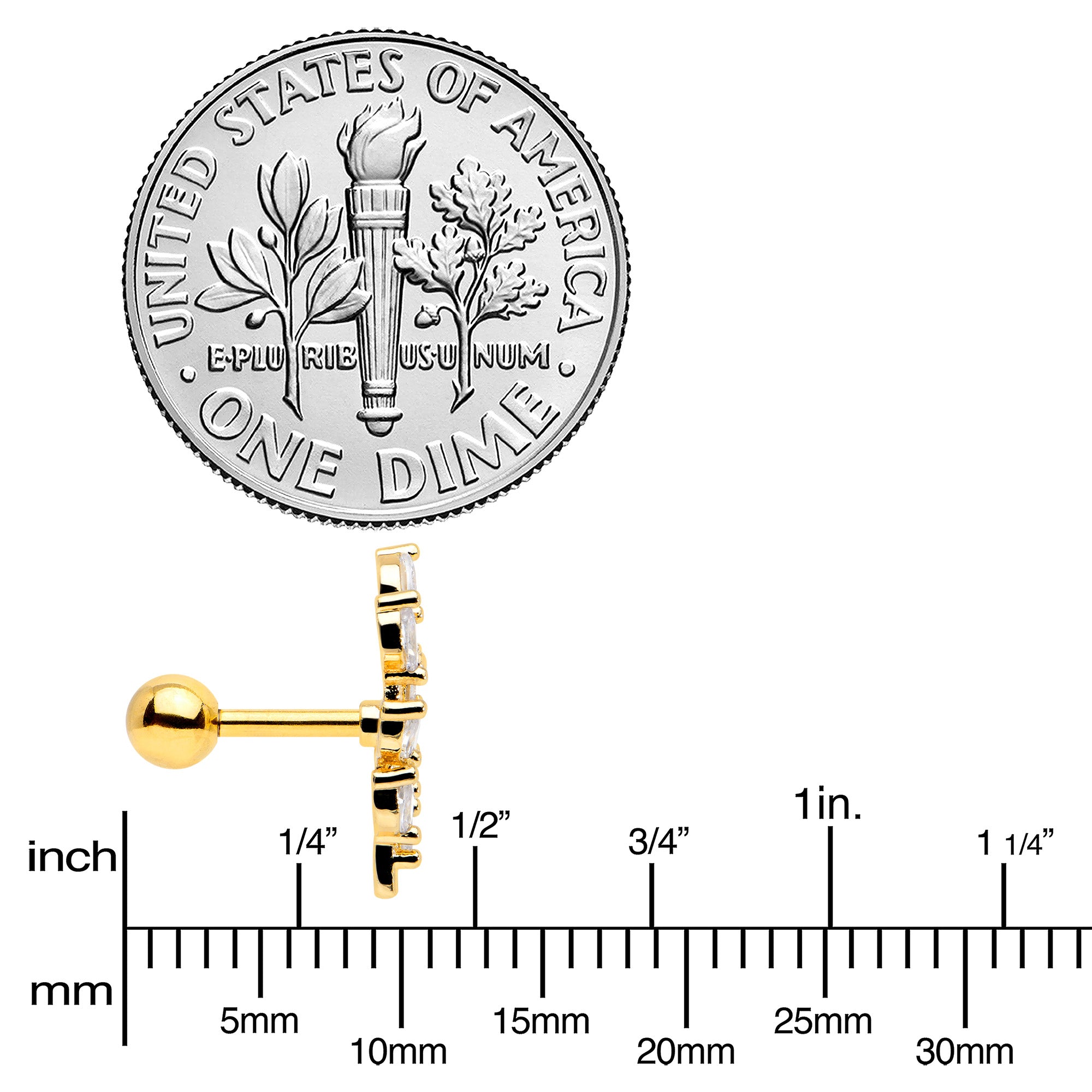 16G 1/4 Clear CZ Gem Gold Hue Flower Vine Cartilage Tragus Earring