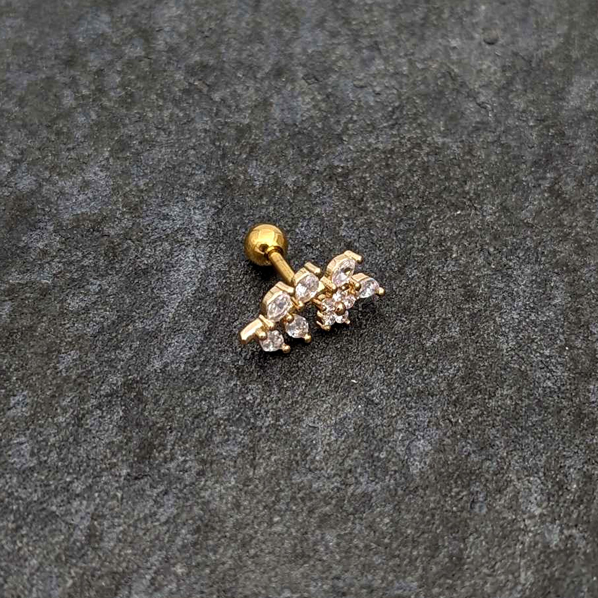 16G 1/4 Clear CZ Gem Gold Hue Flower Vine Cartilage Tragus Earring