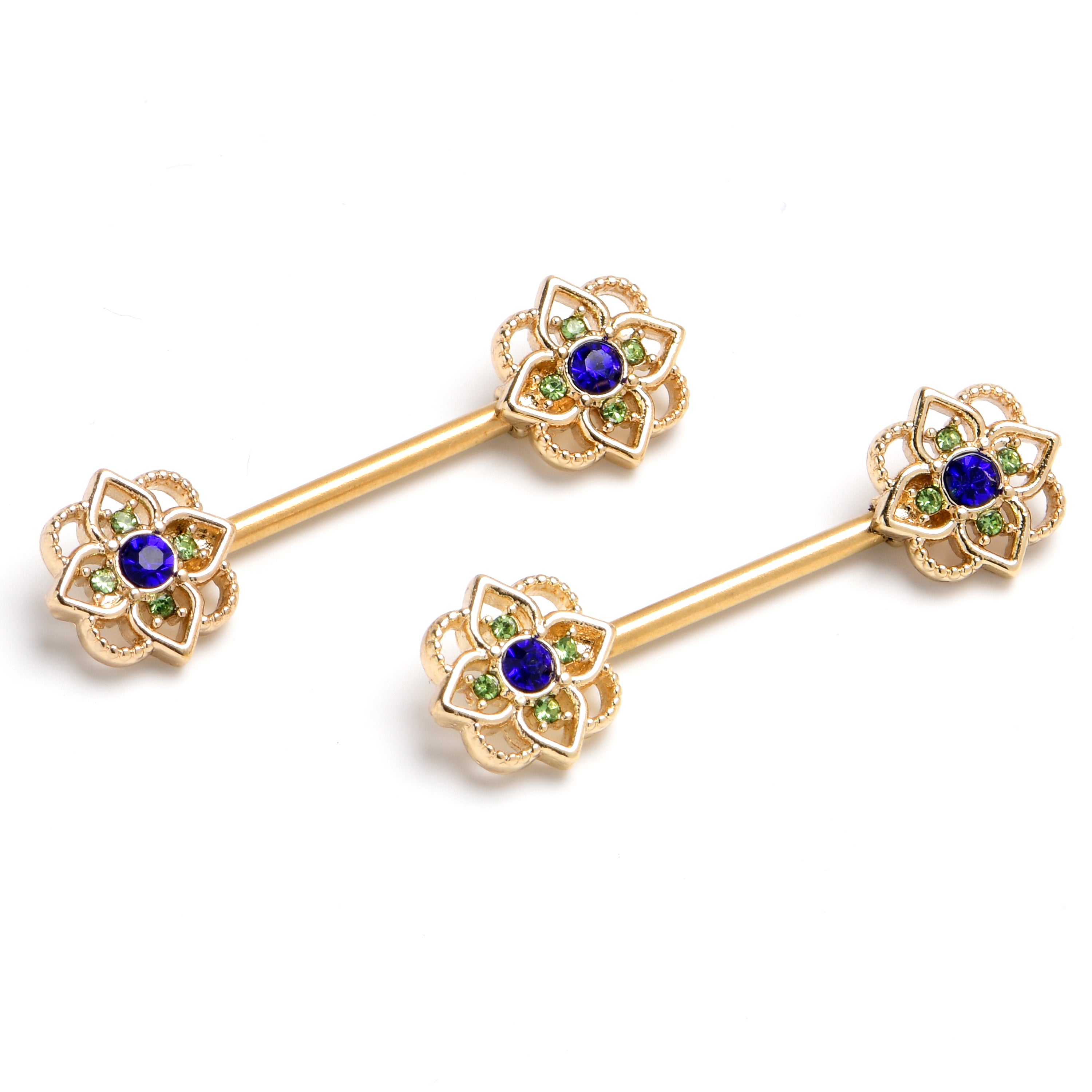 14G 9/16 Blue Gem Gold Tone Celtic Style Barbell Nipple Ring Set