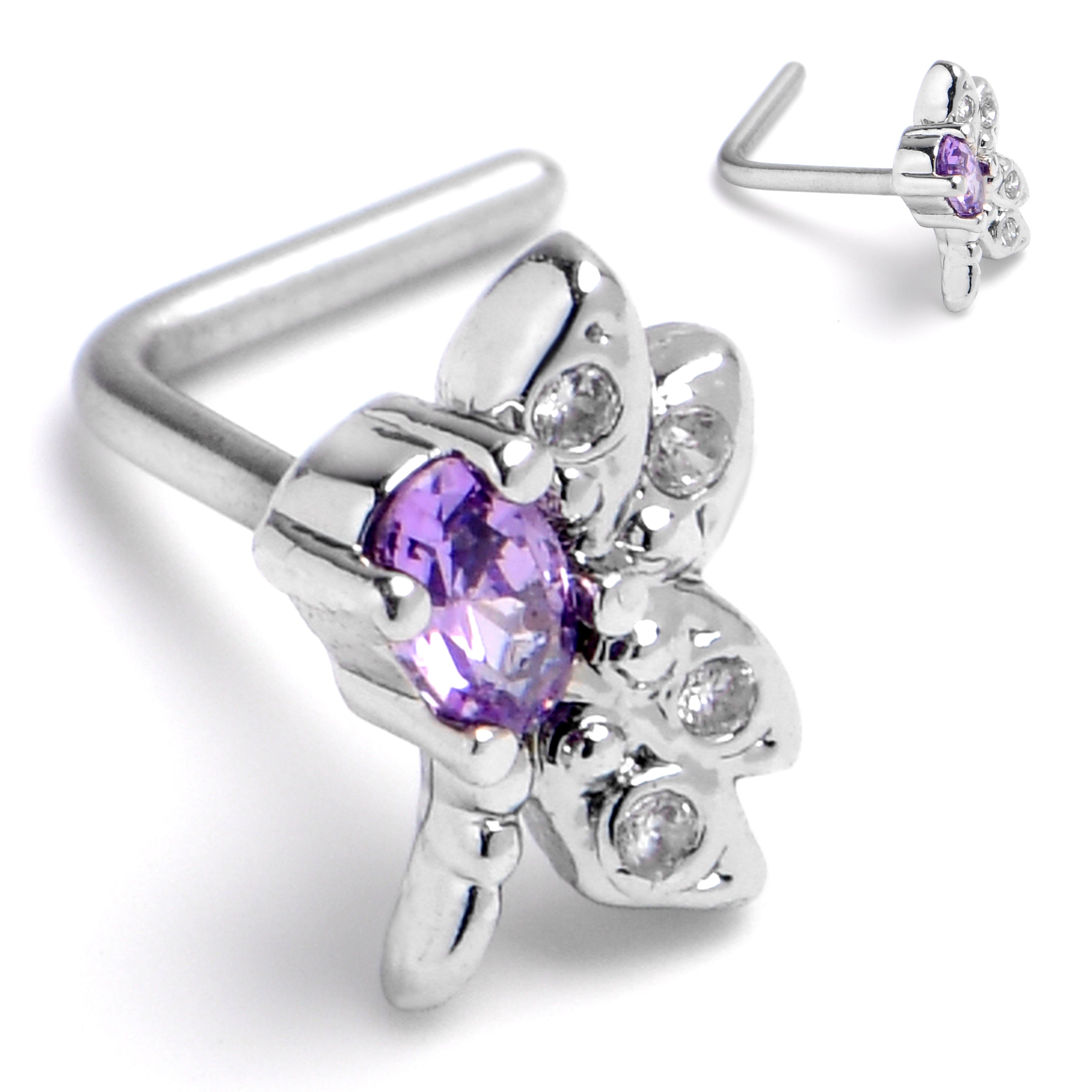 20G 7mm Purple Gem Divine Dragonfly L Shape Nose Ring