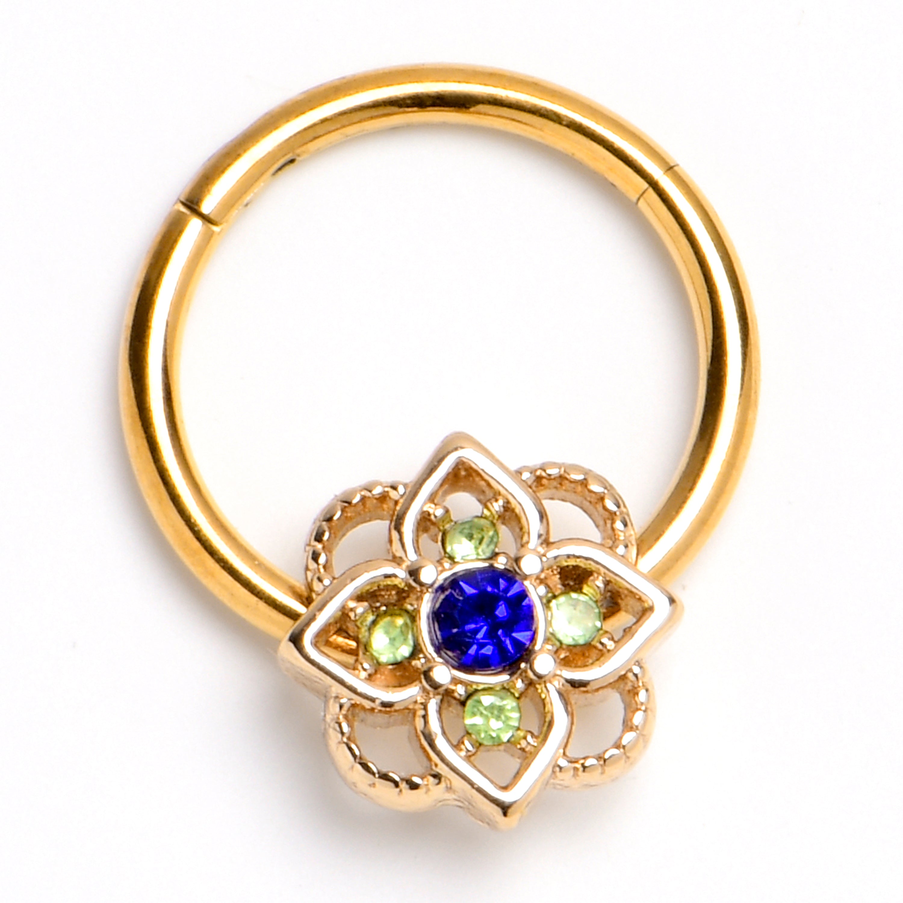 16G 3/8 Blue Gem Gold Tone Celtic Style Hinged Segment Ring