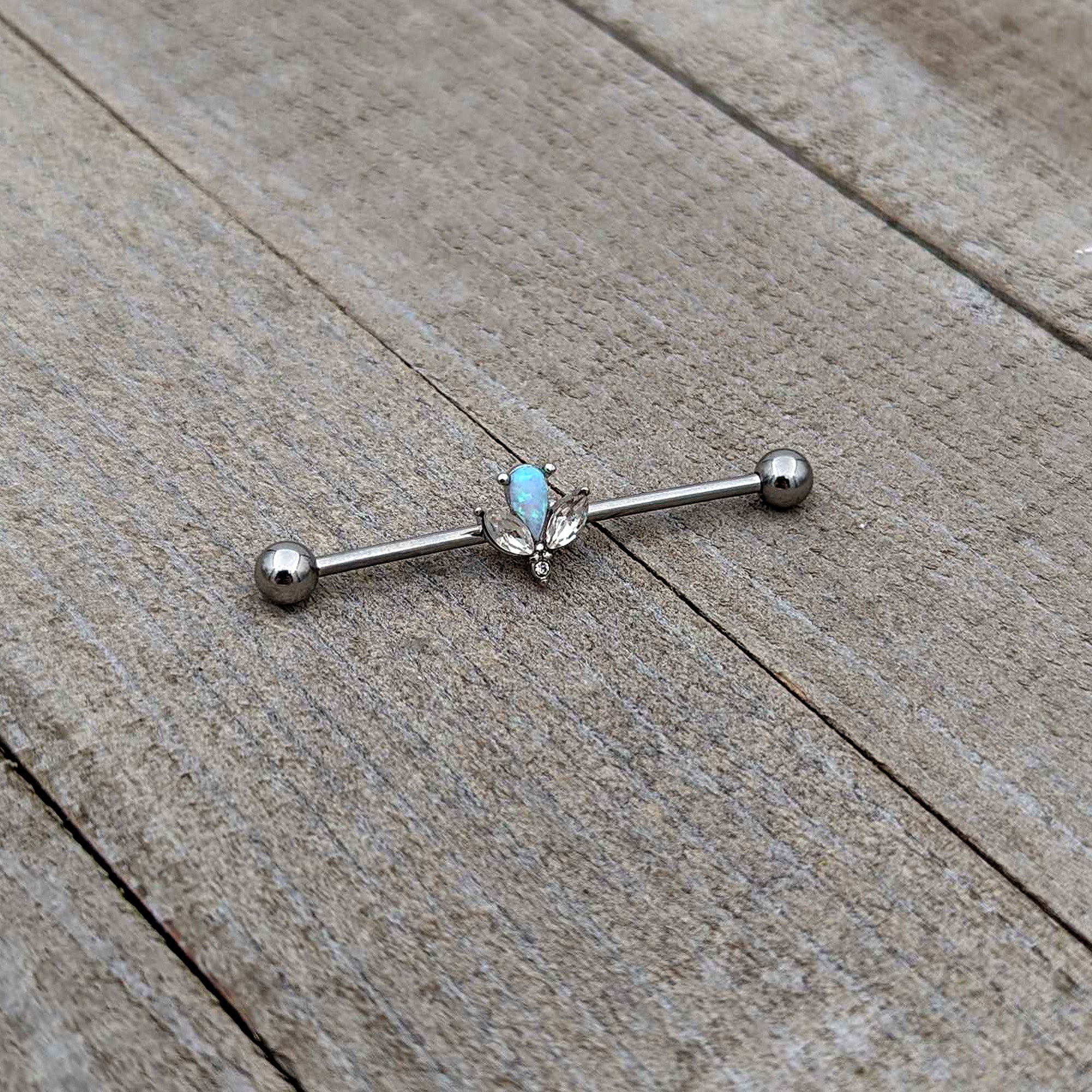 14G White Faux Opal Style Flower Industrial Barbell 38mm