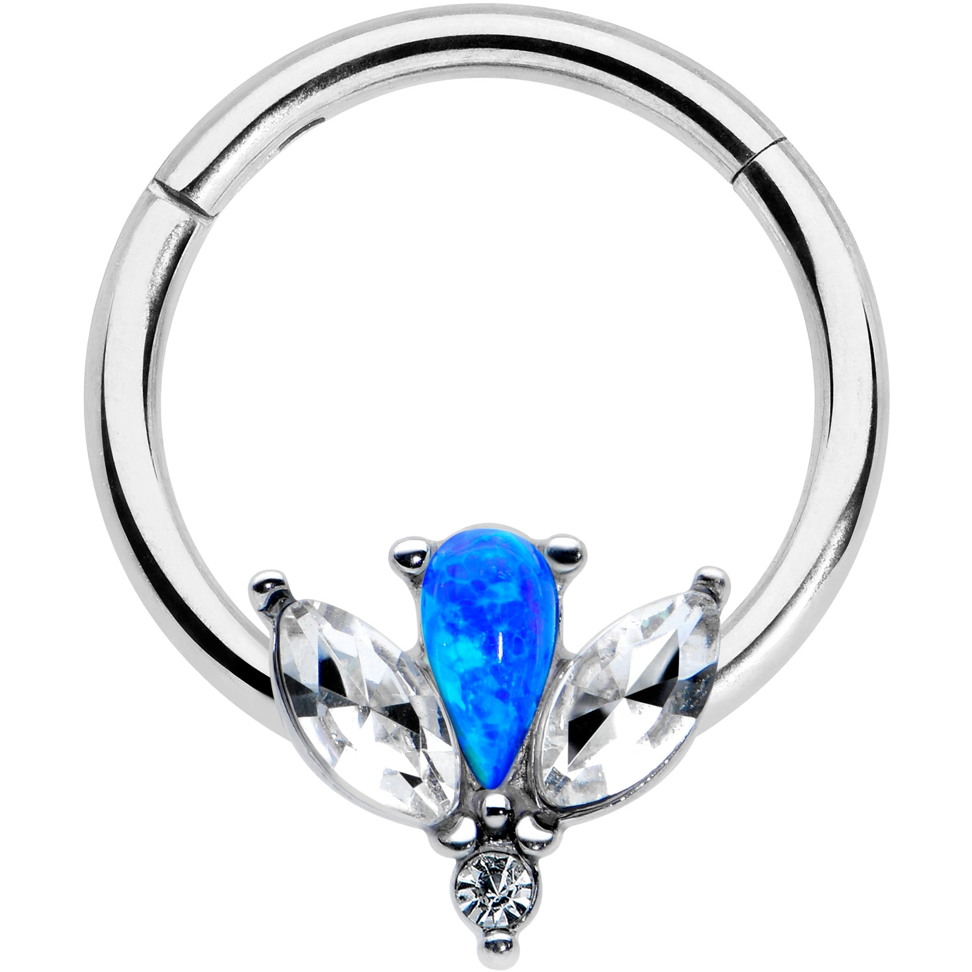 16G 3/8 Blue Faux Opal Style Flower Hinged Segment Ring