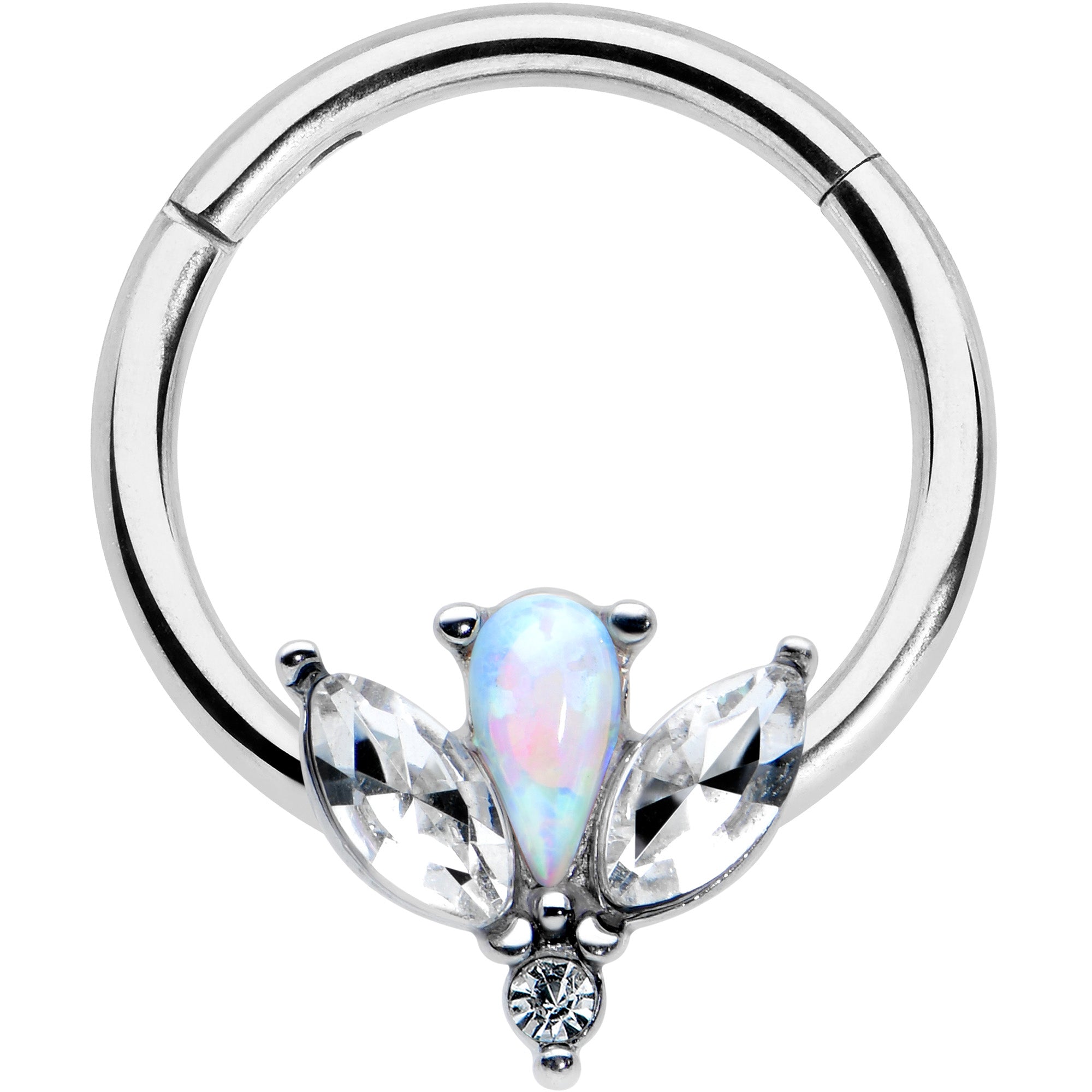 16G 3/8 White Faux Opal Style Flower Hinged Segment Ring