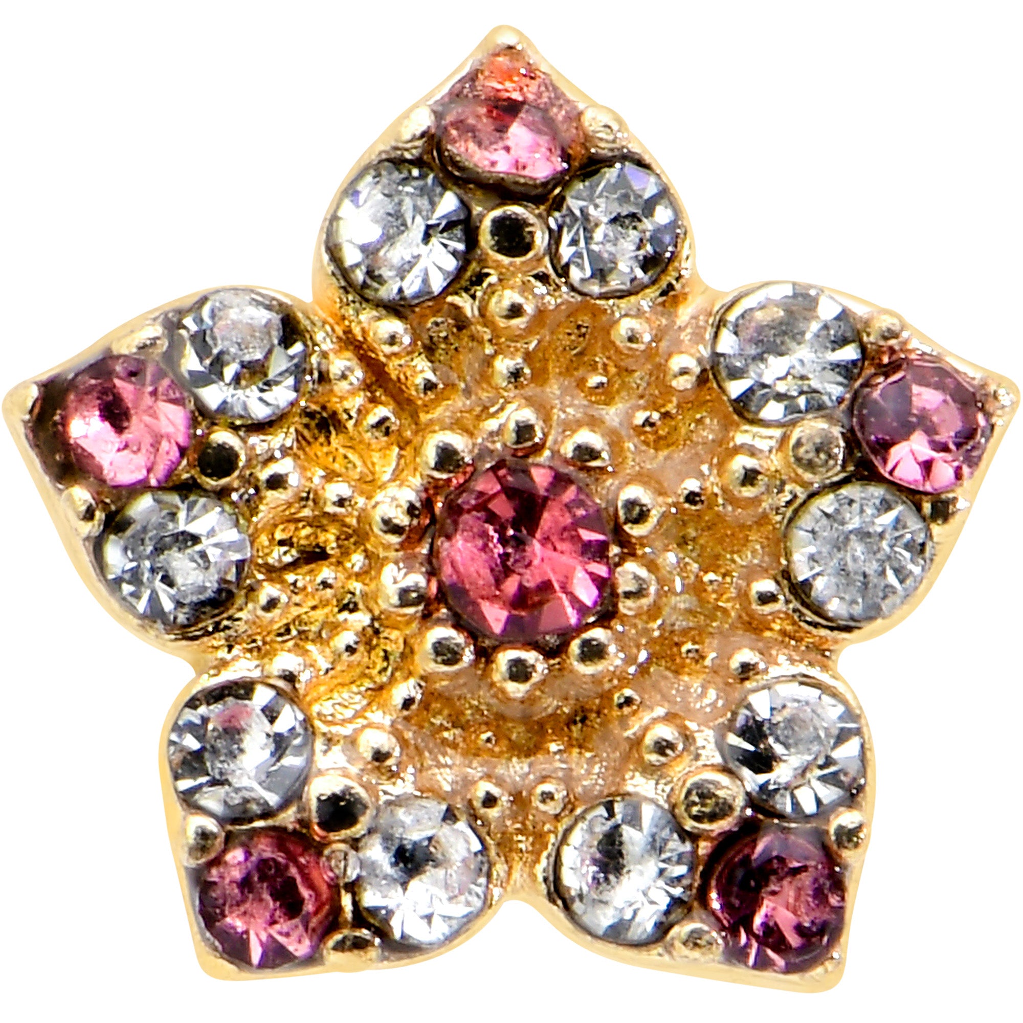 16G 1/4 Pink Clear Gem Gold Tone Texture Star Cartilage Earring