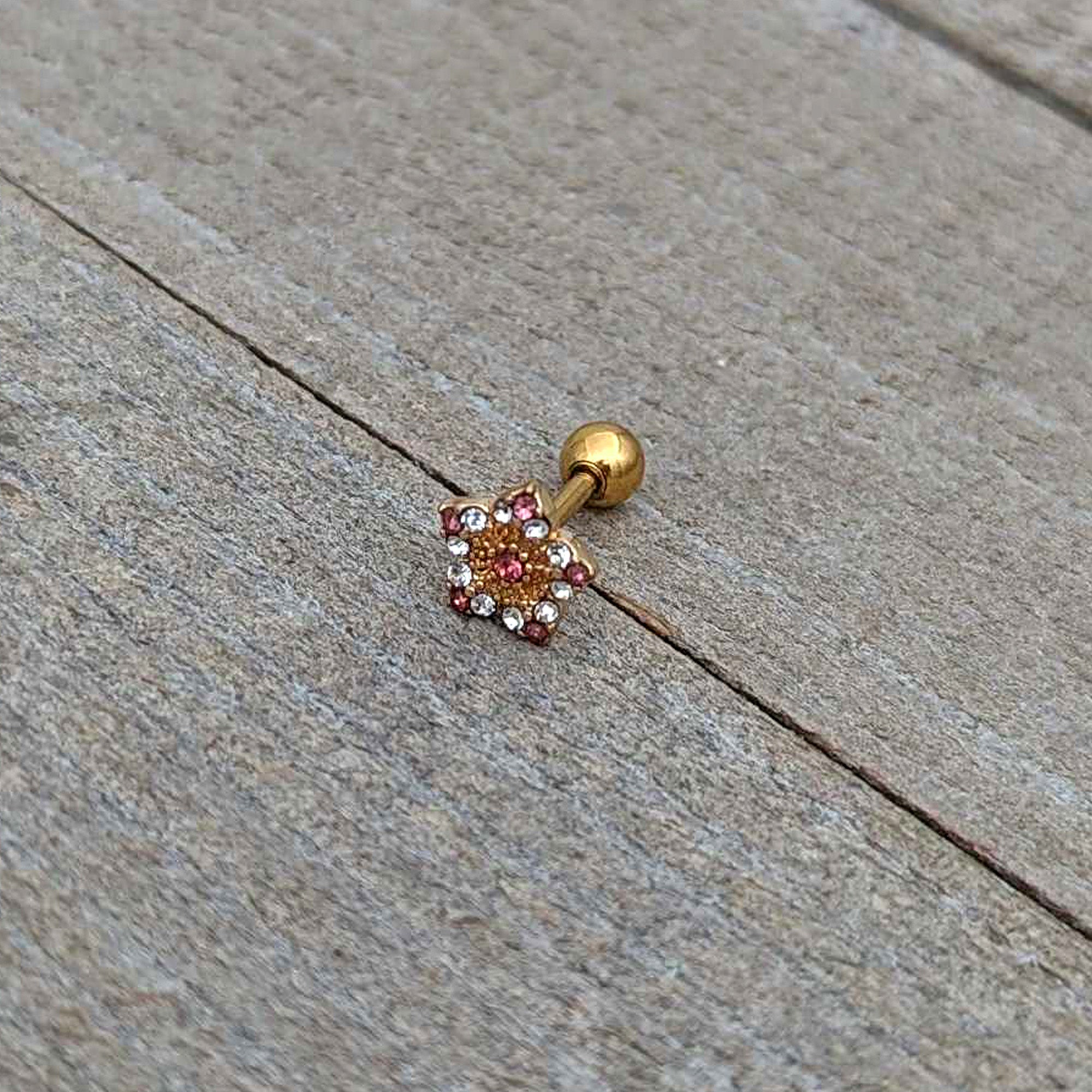 16G 1/4 Pink Clear Gem Gold Tone Texture Star Cartilage Earring