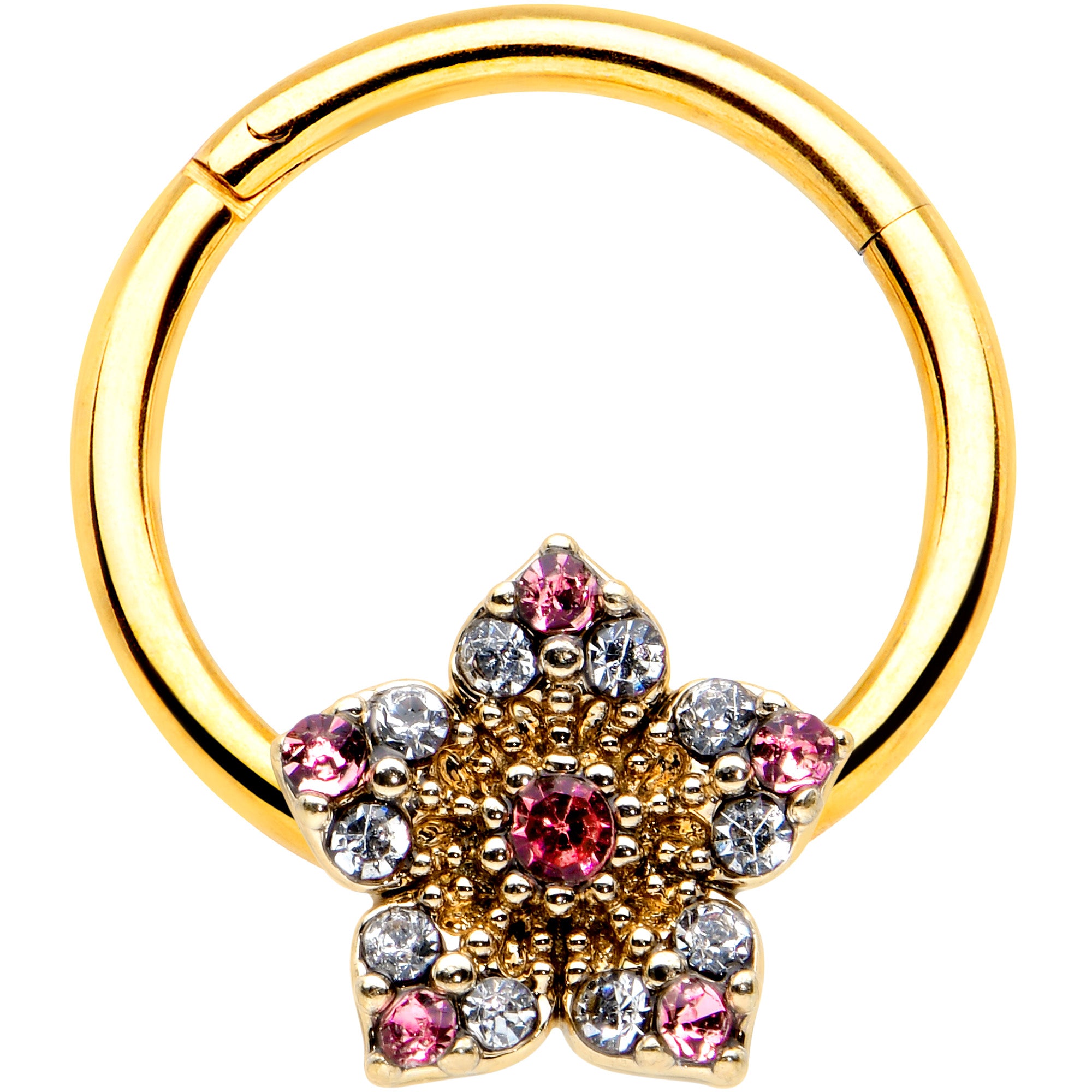 16G 3/8 Pink Clear Gem Gold Tone Texture Star Hinged Segment Ring