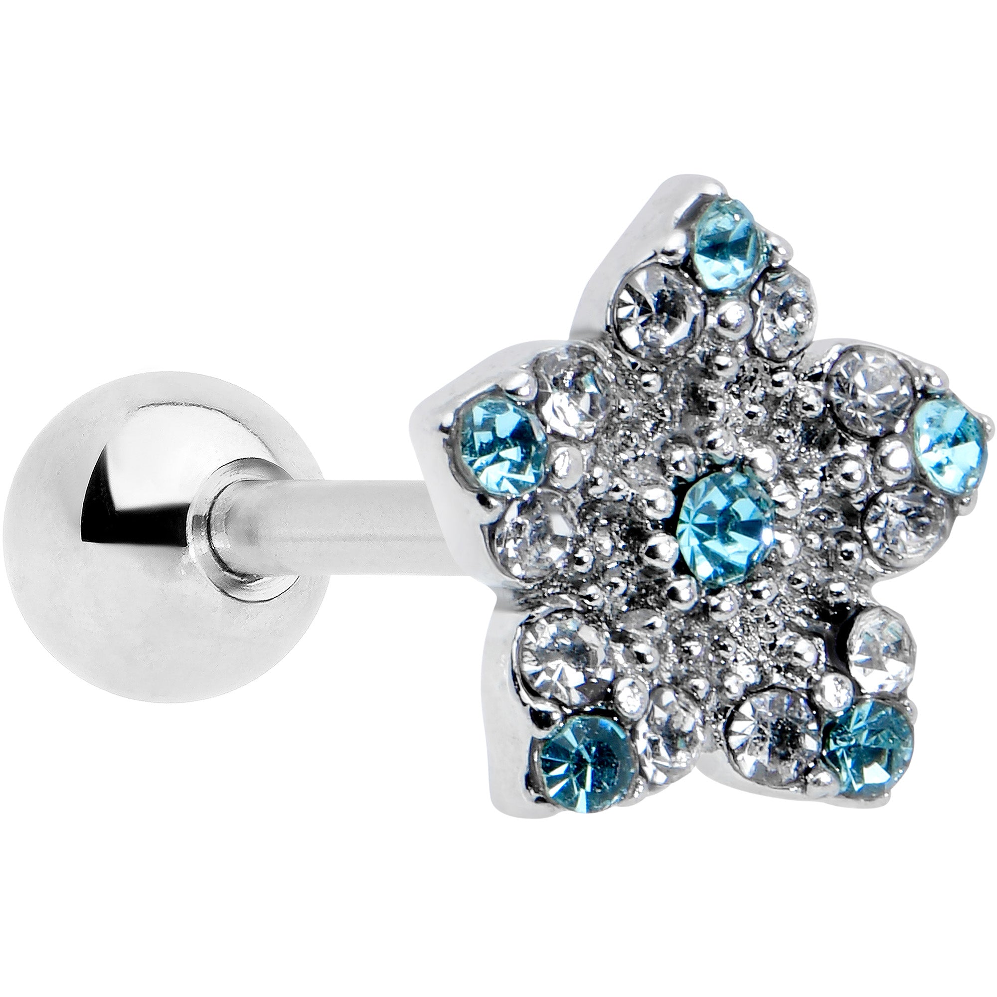 16G 1/4 Blue Clear Gem Opulent Flower Cartilage Tragus Earring